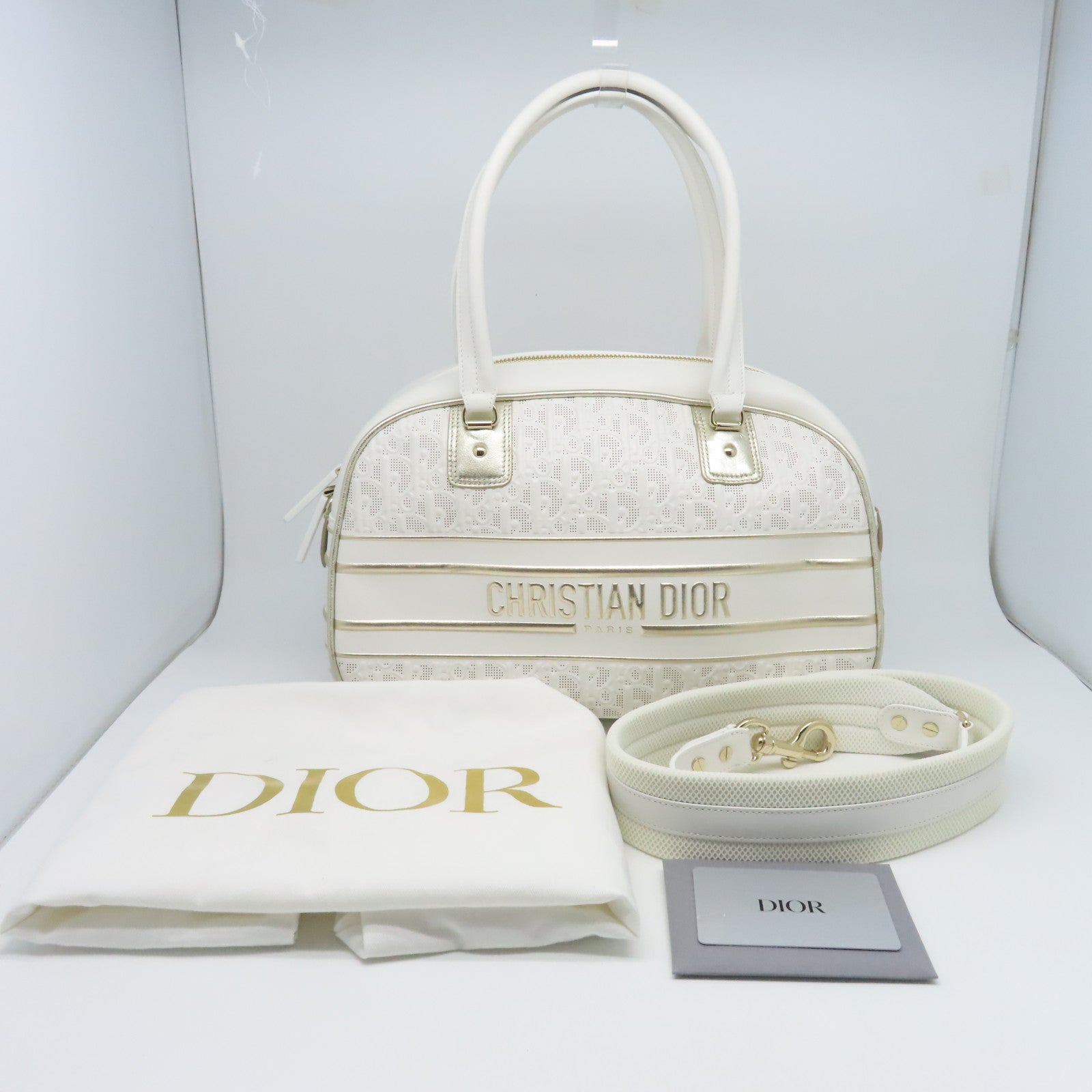 Dior 牛皮皮革Vibe Bowling Bag金扣手挽肩背兩用袋白色