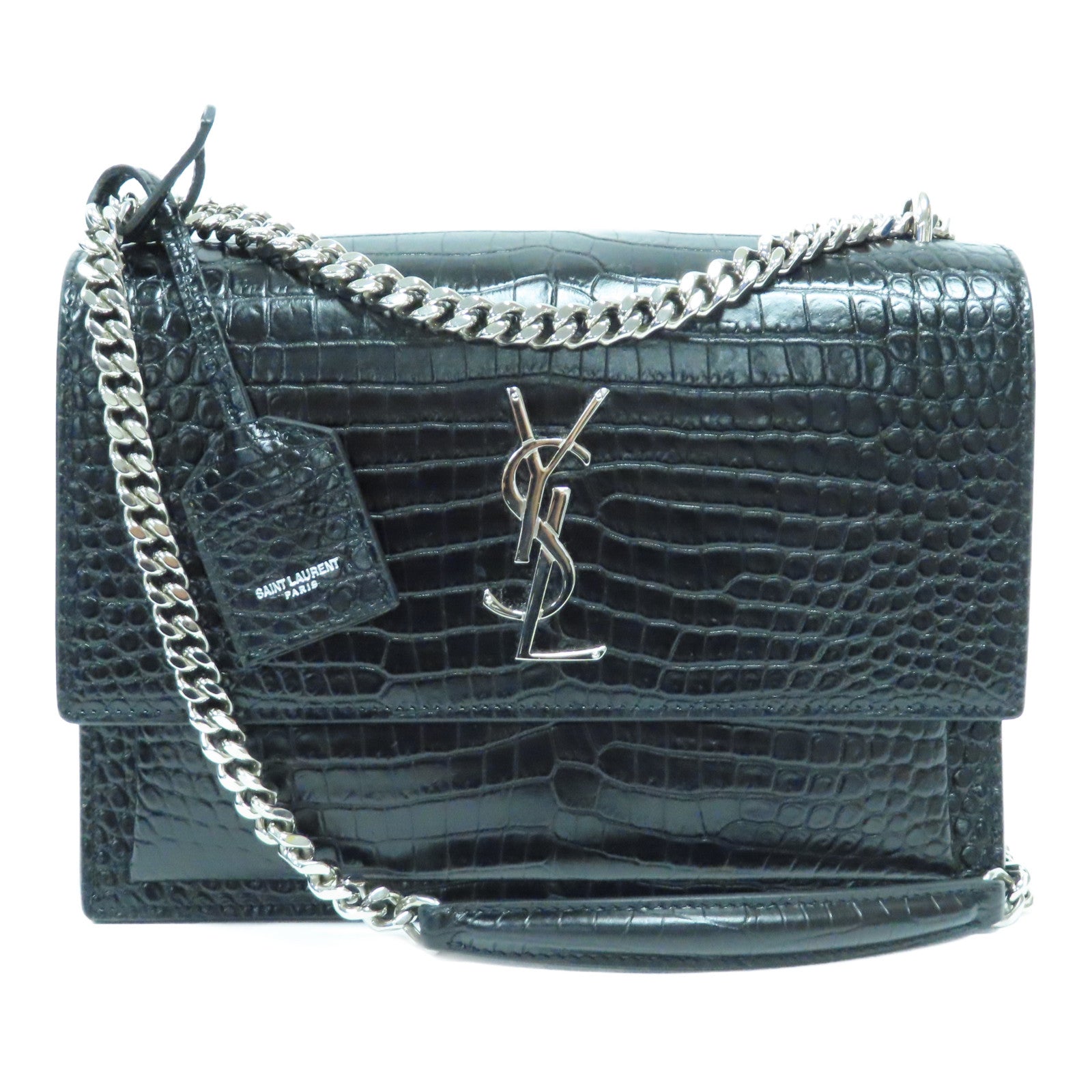 SAINT LAURENT 牛皮皮革Chain Shoulder Bag銀扣鏈帶肩背袋黑色
