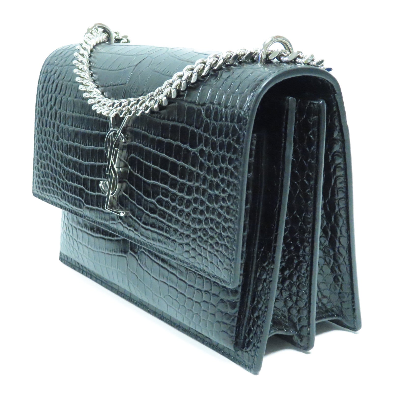 SAINT LAURENT 牛皮皮革Chain Shoulder Bag銀扣鏈帶肩背袋黑色