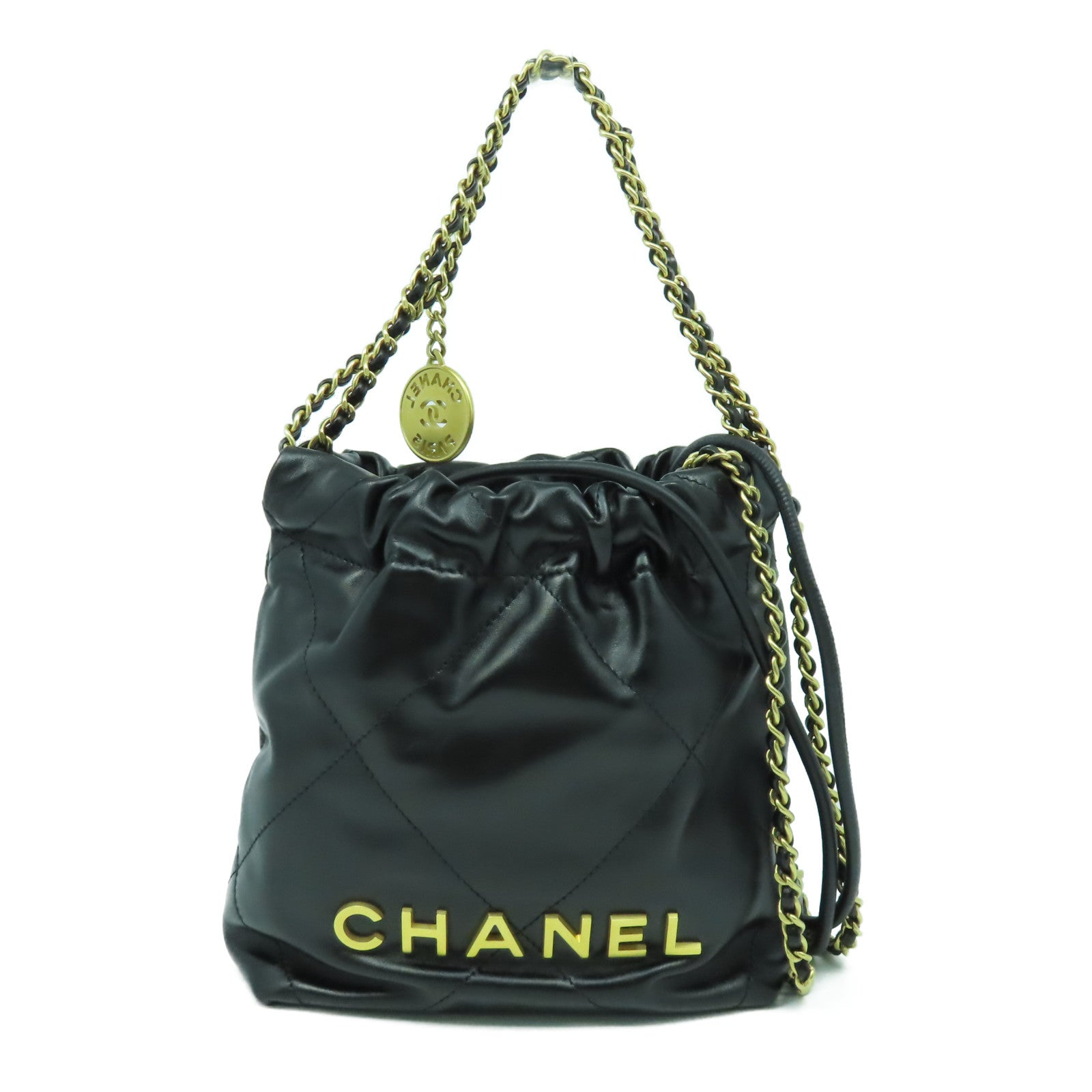 CHANEL 菱格牛皮皮革Mini 22金扣手挽肩背兩用袋黑色