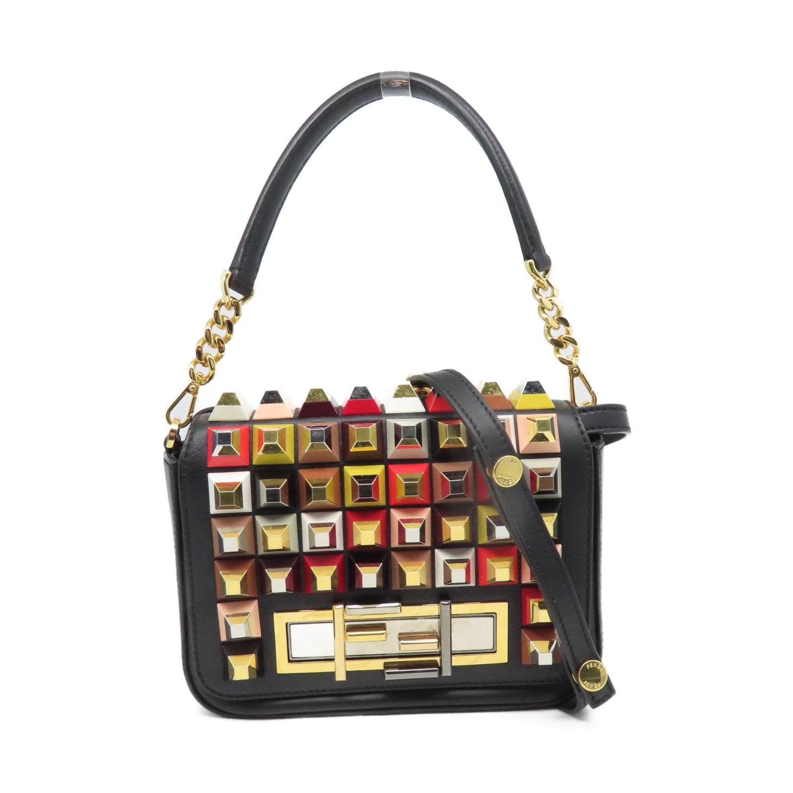 FENDI 牛皮皮革Peekaboo金扣肩背袋黑色/彩色