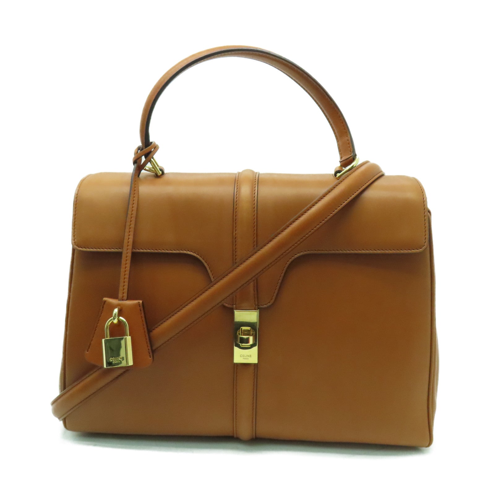 CELINE 牛皮皮革Classique 16金扣手挽肩背兩用袋啡色
