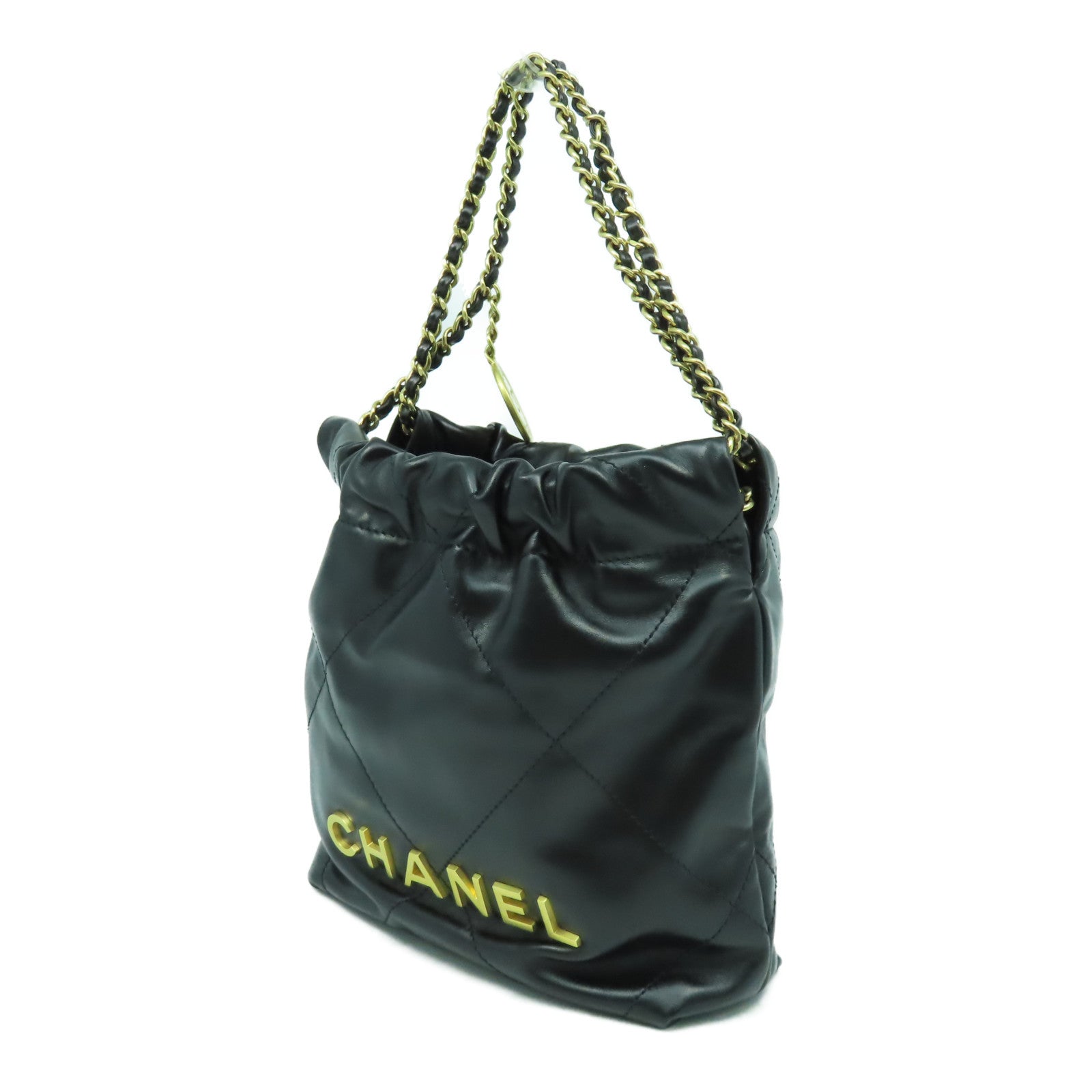 CHANEL 菱格牛皮皮革Mini 22金扣手挽肩背兩用袋黑色