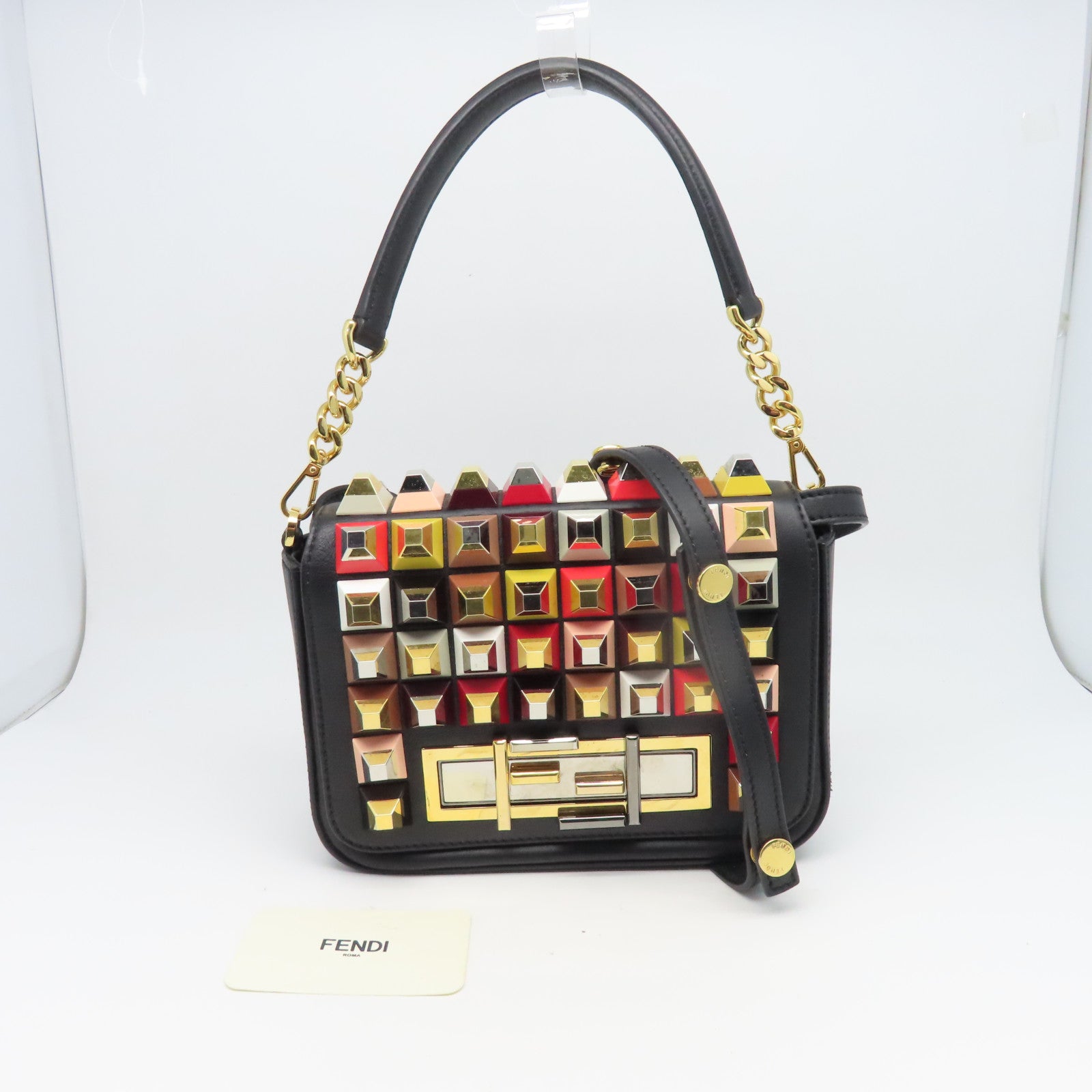 FENDI 牛皮皮革Peekaboo金扣肩背袋黑色/彩色