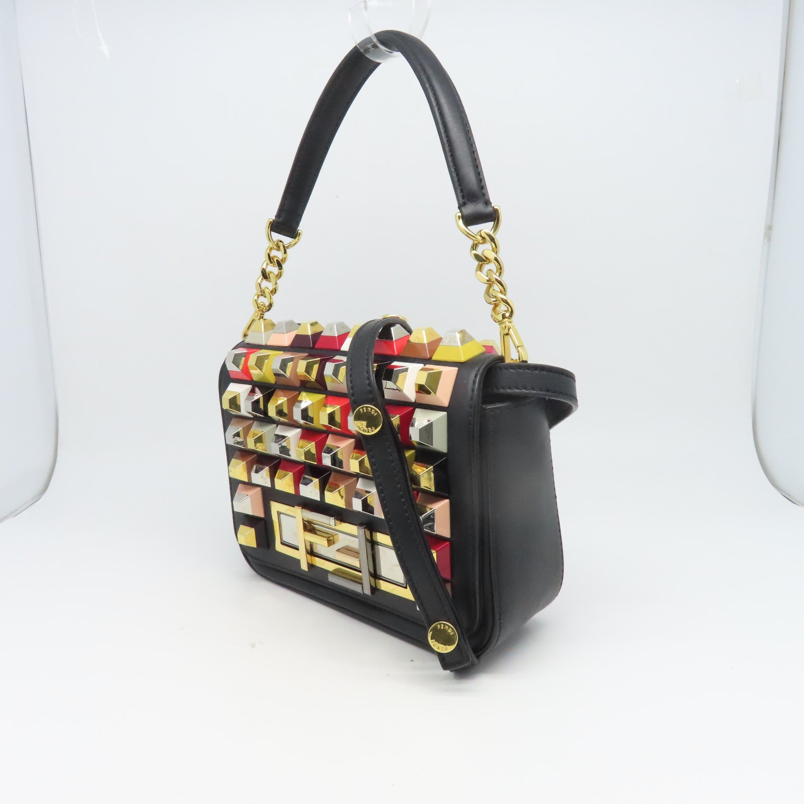 FENDI 牛皮皮革Peekaboo金扣肩背袋黑色/彩色