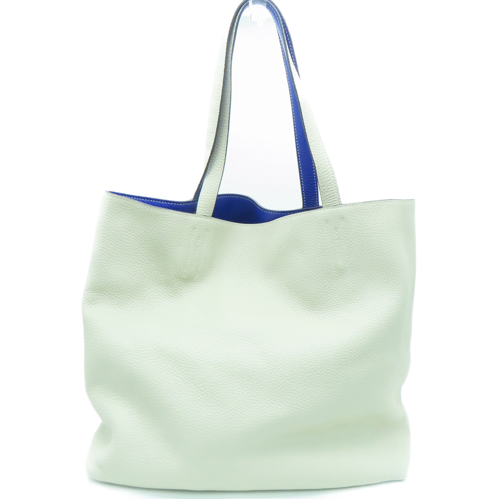 HERMES Clemence皮革Double Sens 45手挽袋Parchemin米色/Bleu Electrique蓝色
