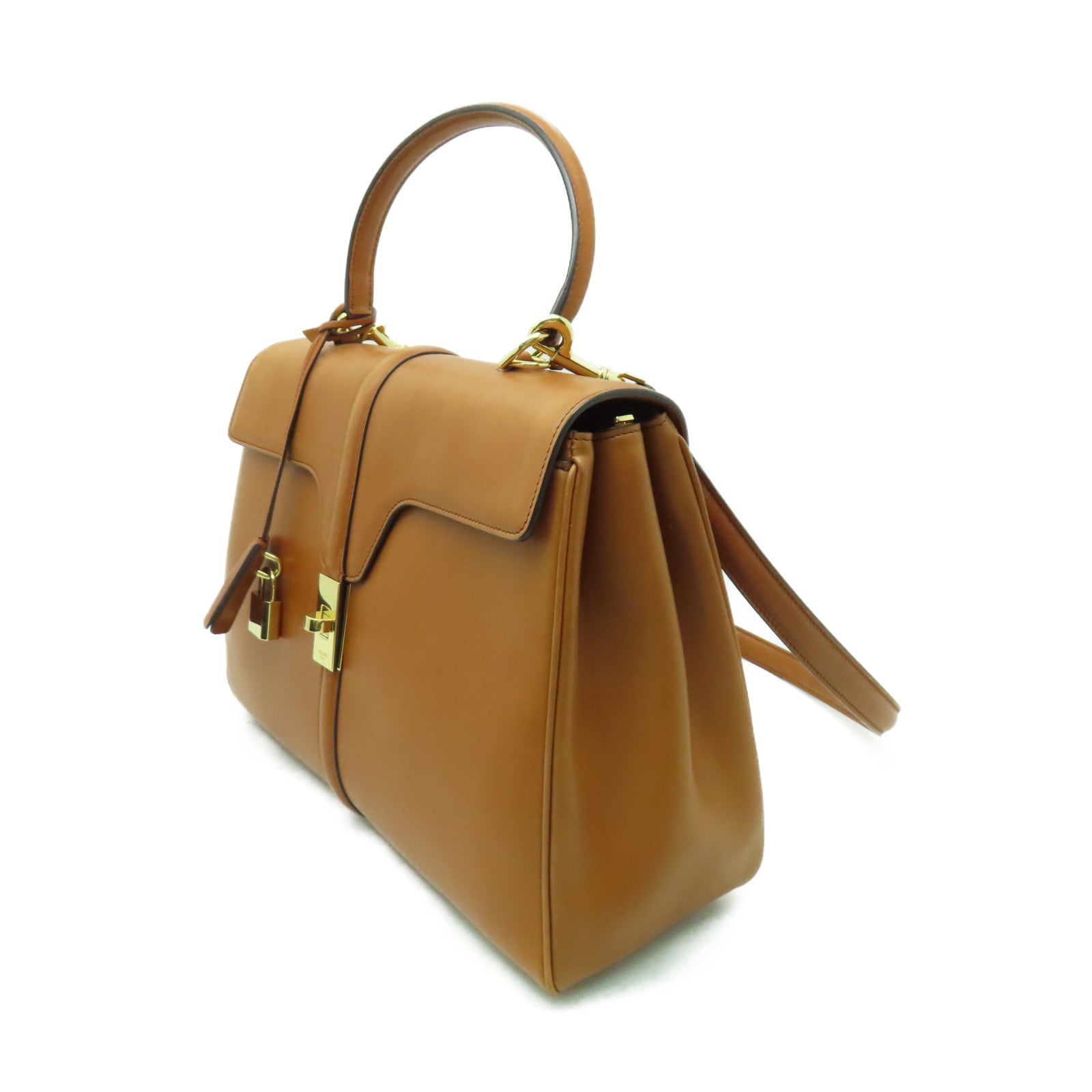 CELINE 牛皮皮革Classique 16金扣手挽肩背兩用袋啡色