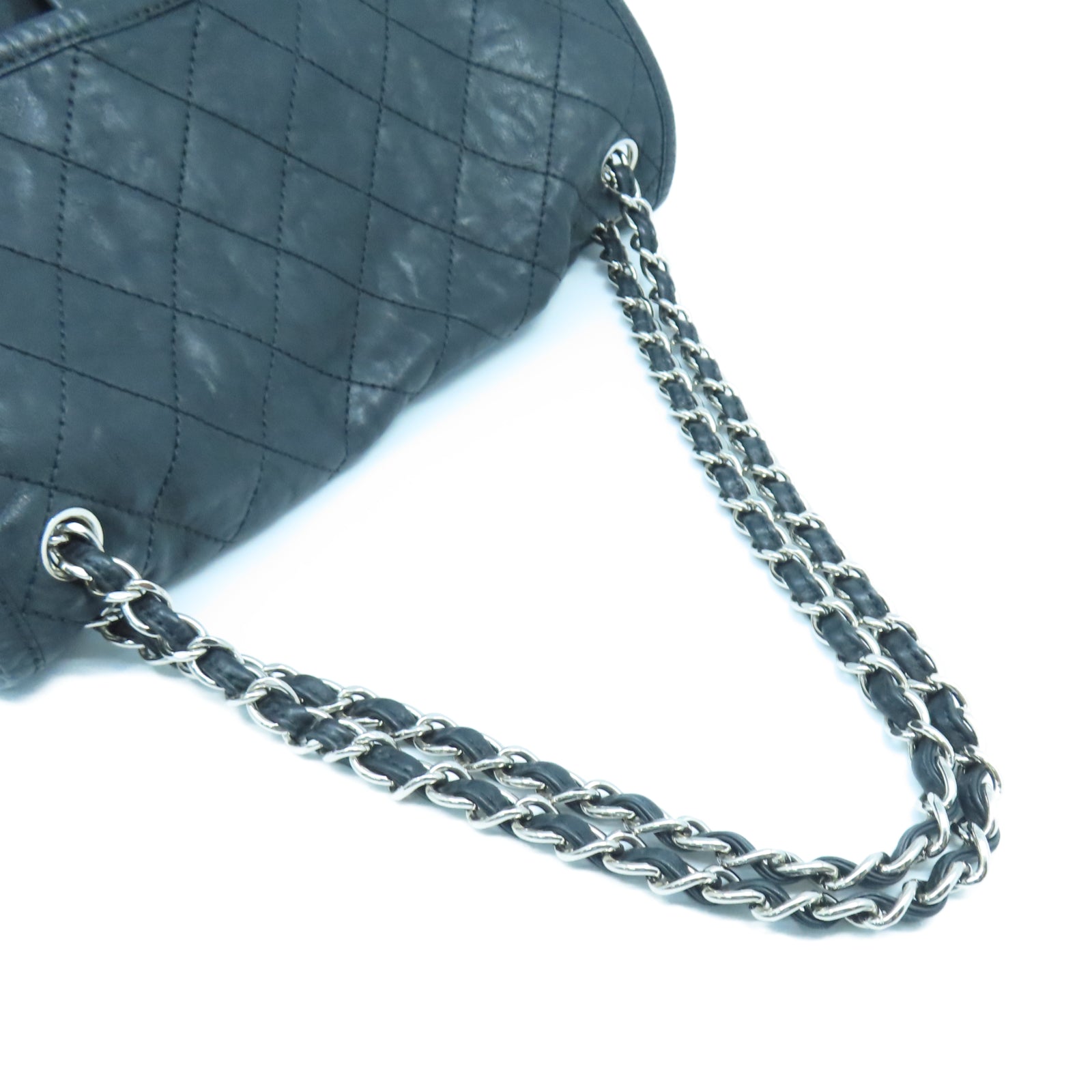 CHANEL 菱格羊皮皮革Chain Shoulder銀扣鏈帶肩背袋黑色