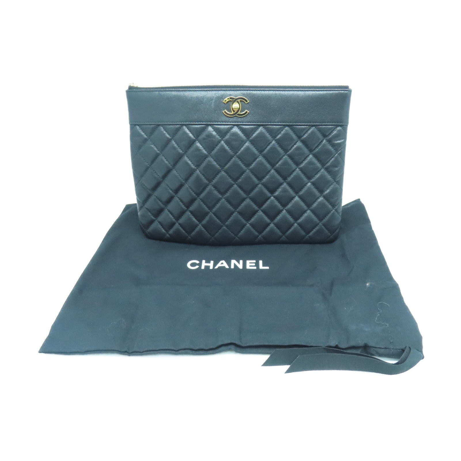 CHANEL Diamond Sheepskin Leather Pouch Gold Buckle Clutch Black