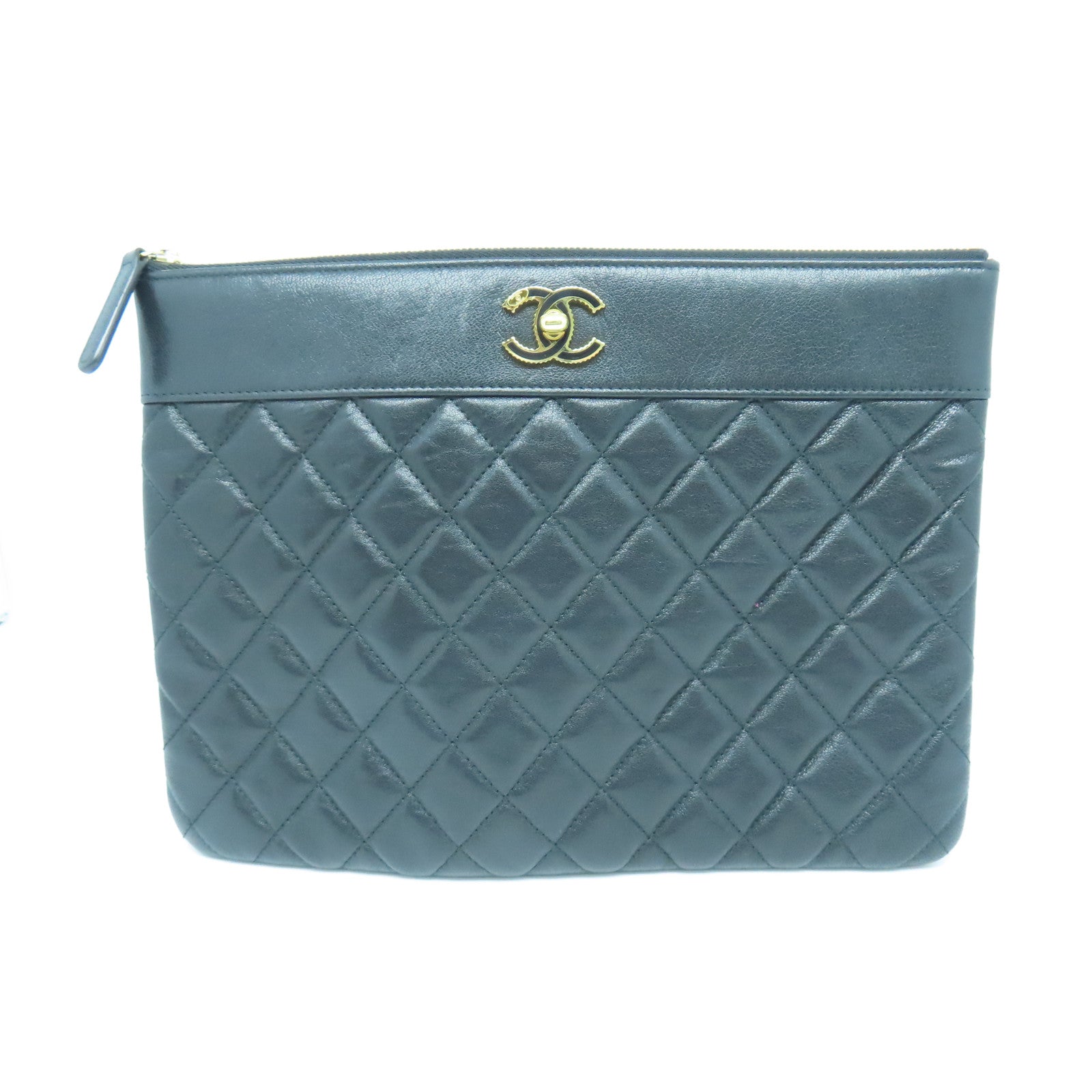 CHANEL Diamond Sheepskin Leather Pouch Gold Buckle Clutch Black