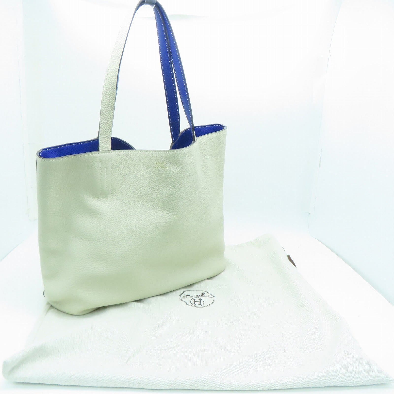 HERMES Clemence皮革Double Sens 45手挽袋Parchemin米色/Bleu Electrique蓝色