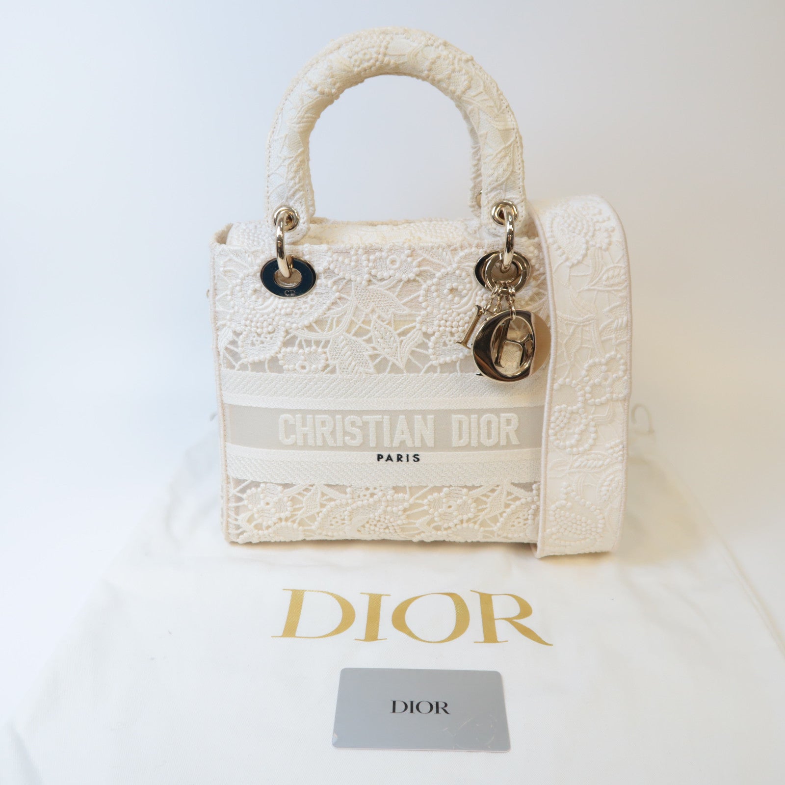 Dior 蕾絲Medium Lady D-Lite金扣手挽肩背兩用袋白色