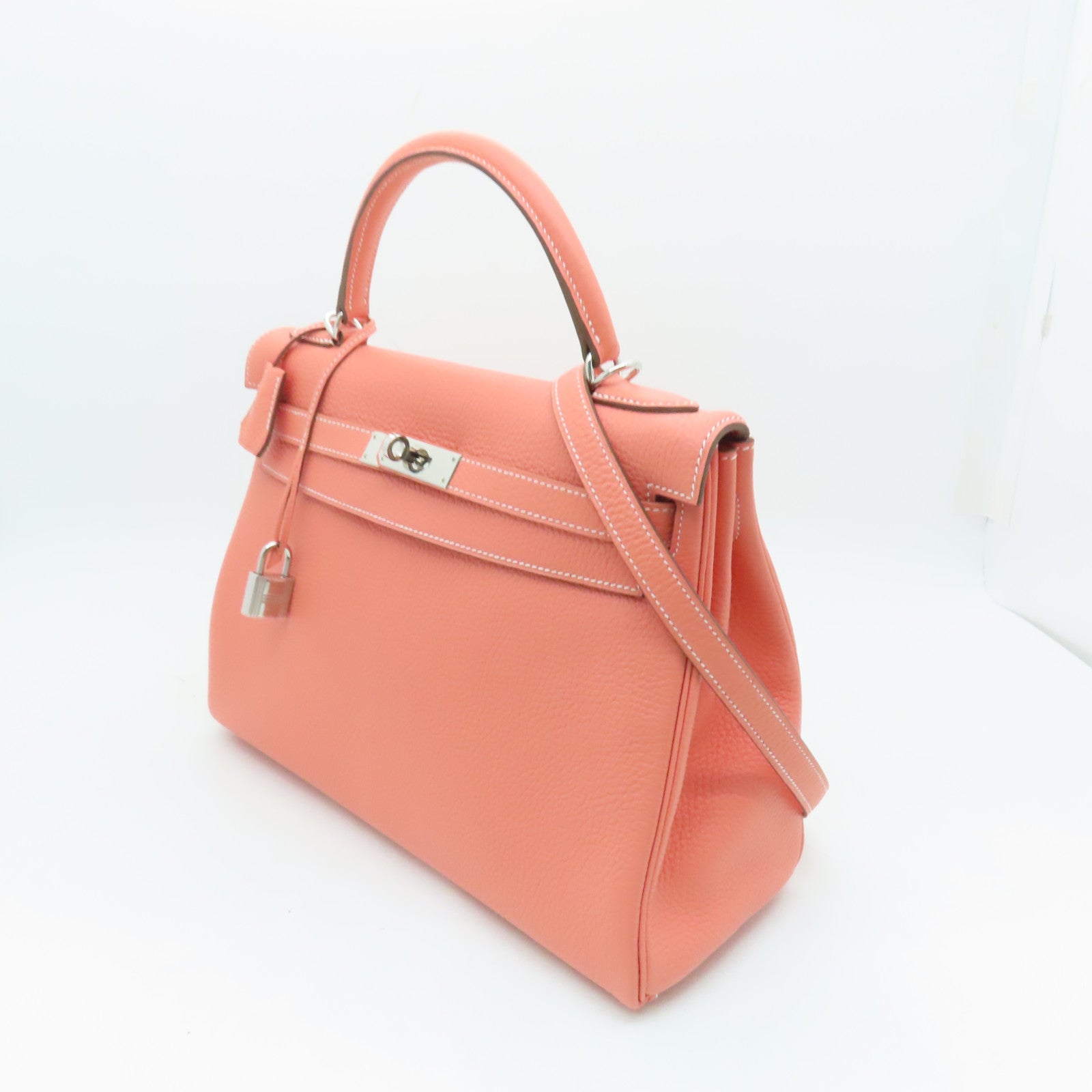 HERMES Clemence皮革Kelly 32銀扣手挽肩背兩用袋粉紅色