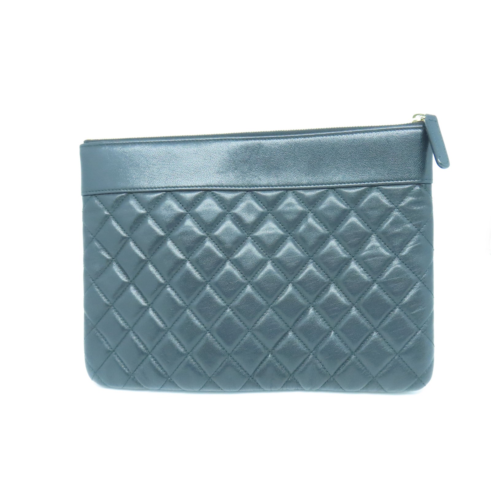 CHANEL Diamond Sheepskin Leather Pouch Gold Buckle Clutch Black