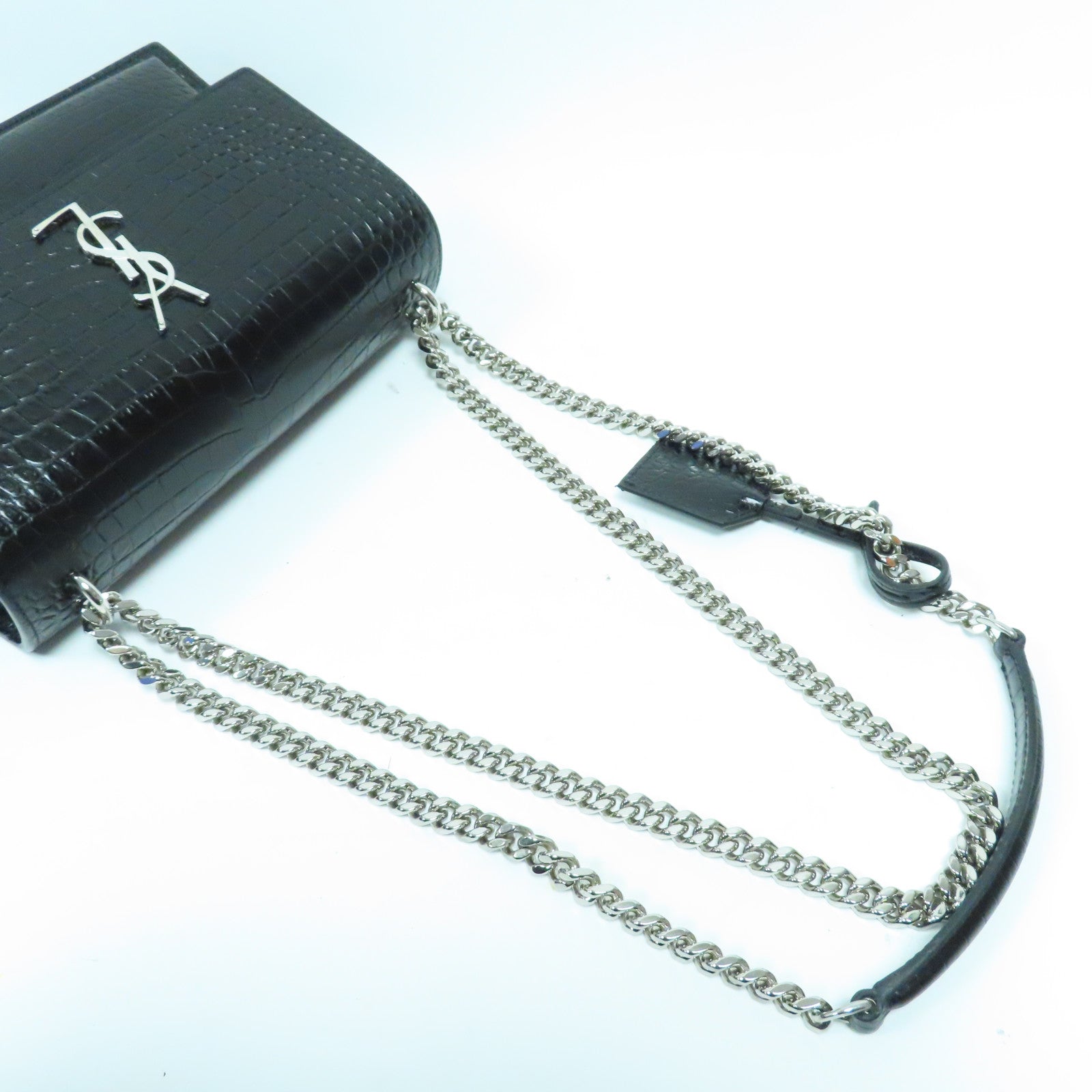 SAINT LAURENT 牛皮皮革Chain Shoulder Bag銀扣鏈帶肩背袋黑色