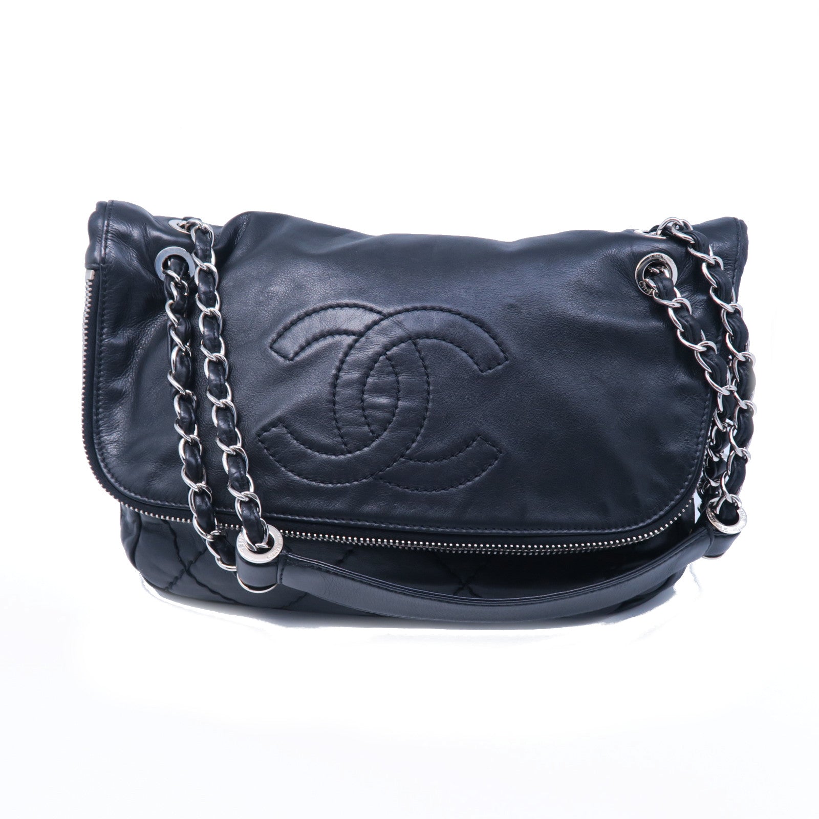 CHANEL 菱格牛皮皮革Chain Shoulder銀扣鏈牖肩背袋黑色