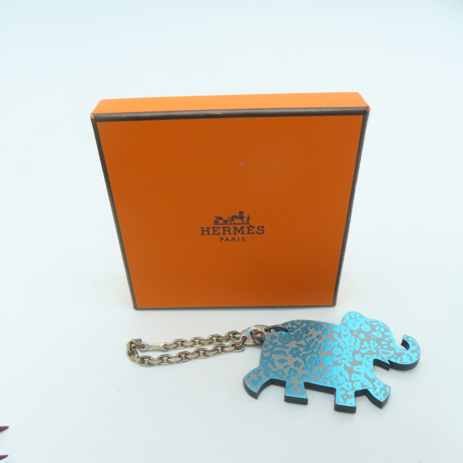 HERMES Leather Elephant Key Charm Silver Buckle Charm Blue