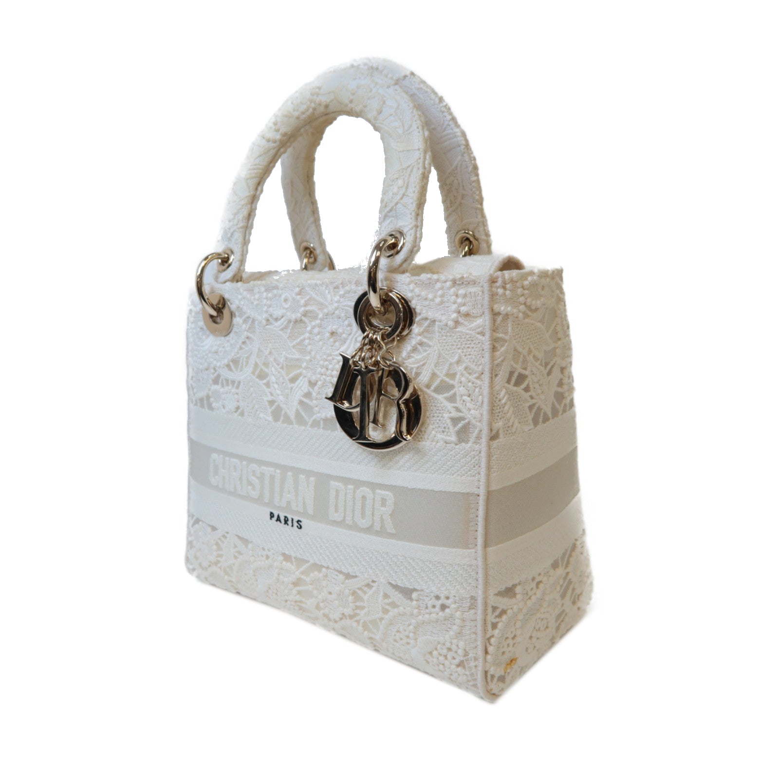 Dior 蕾絲Medium Lady D-Lite金扣手挽肩背兩用袋白色