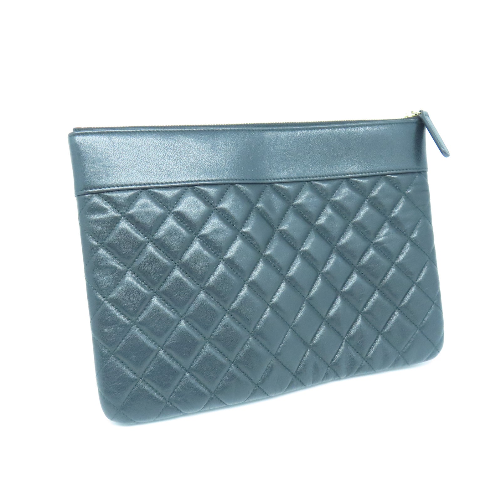 CHANEL Diamond Sheepskin Leather Pouch Gold Buckle Clutch Black