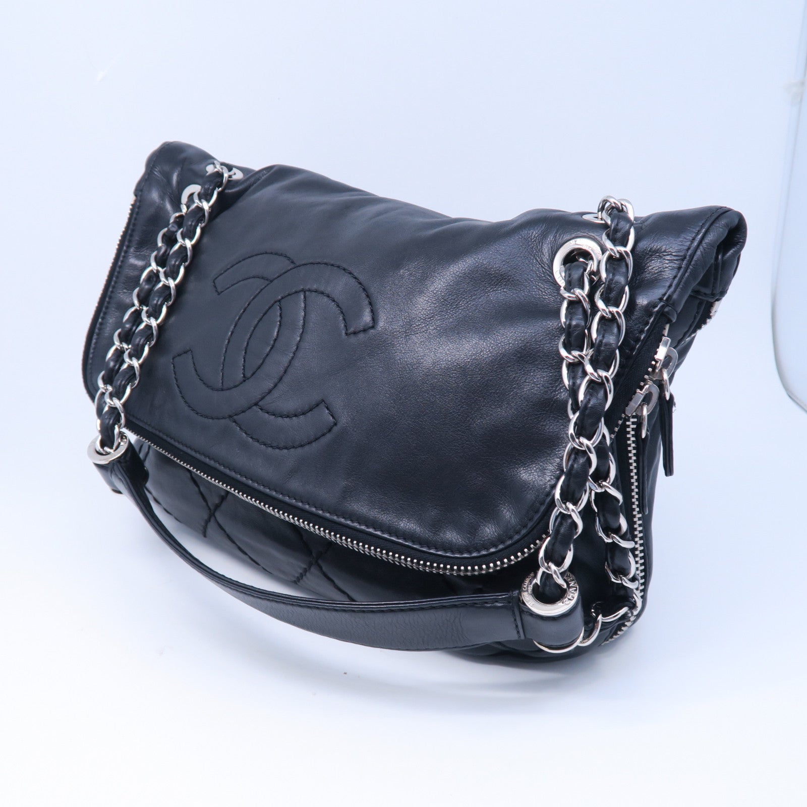CHANEL 菱格牛皮皮革Chain Shoulder銀扣鏈牖肩背袋黑色