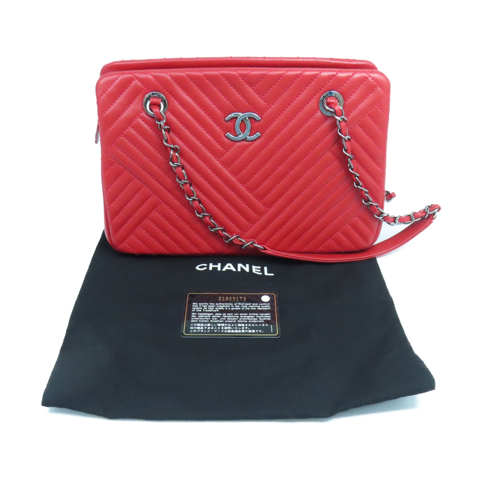 CHANEL 菱格牛皮皮革Chain Shoulder銀扣鏈帶肩背袋紅色