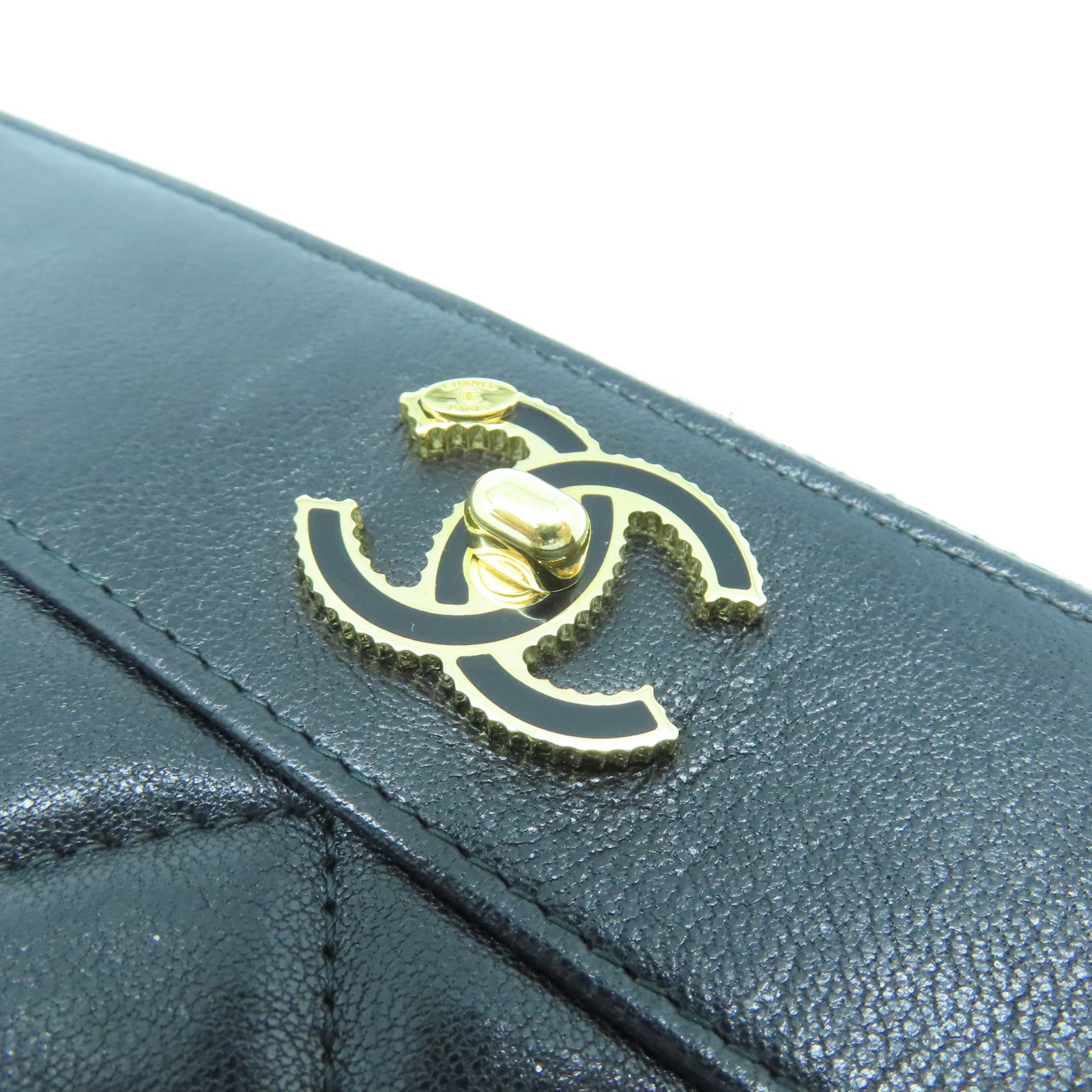 CHANEL Diamond Sheepskin Leather Pouch Gold Buckle Clutch Black