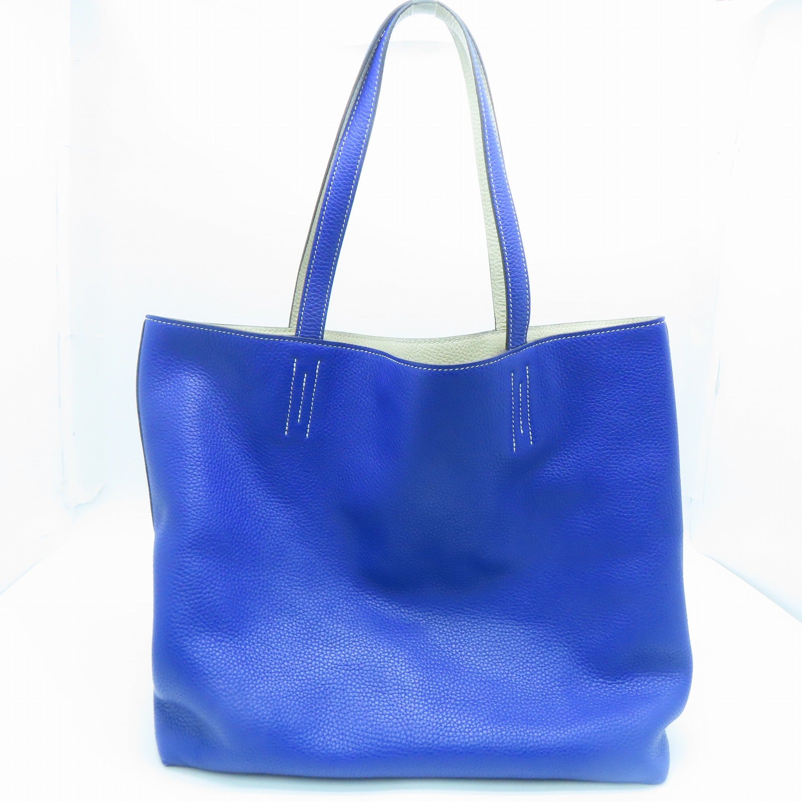 HERMES Clemence皮革Double Sens 45手挽袋Parchemin米色/Bleu Electrique蓝色