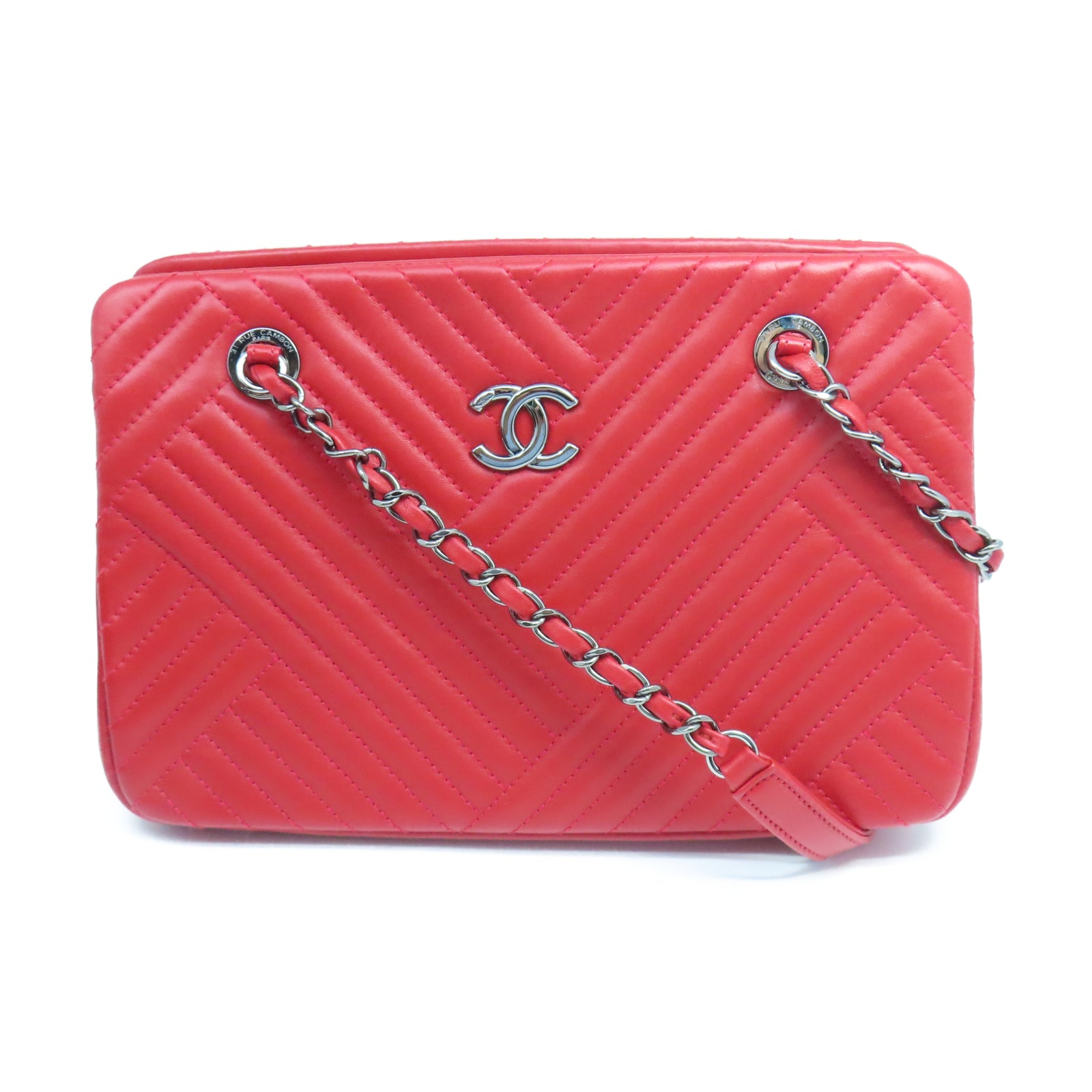 CHANEL 菱格牛皮皮革Chain Shoulder銀扣鏈帶肩背袋紅色