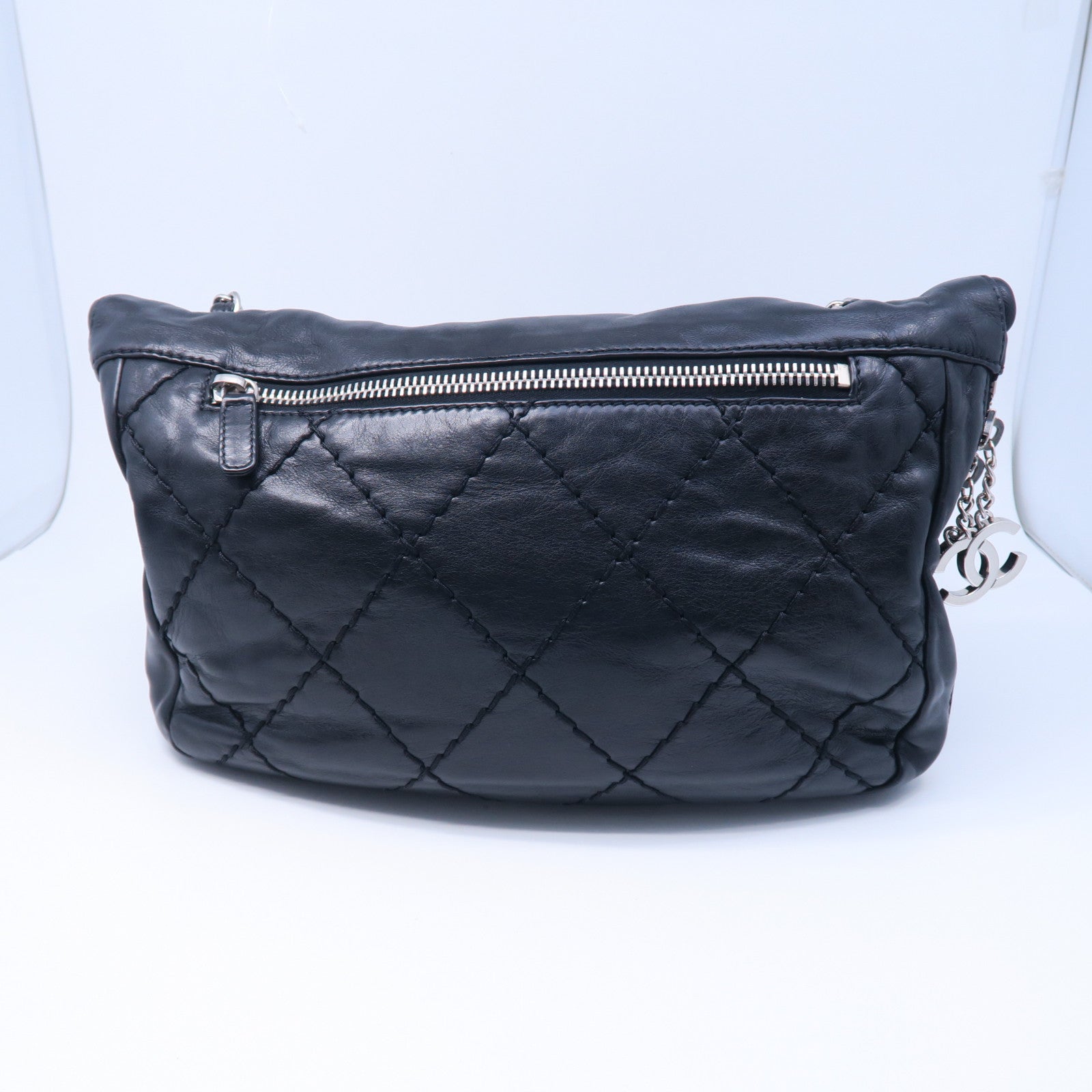 CHANEL 菱格牛皮皮革Chain Shoulder銀扣鏈牖肩背袋黑色