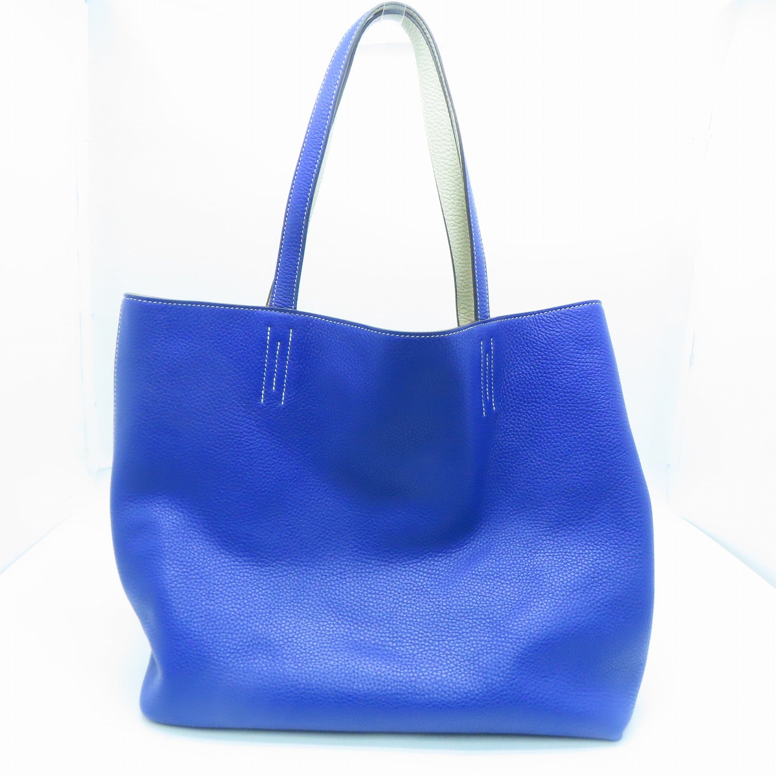 HERMES Clemence皮革Double Sens 45手挽袋Parchemin米色/Bleu Electrique蓝色