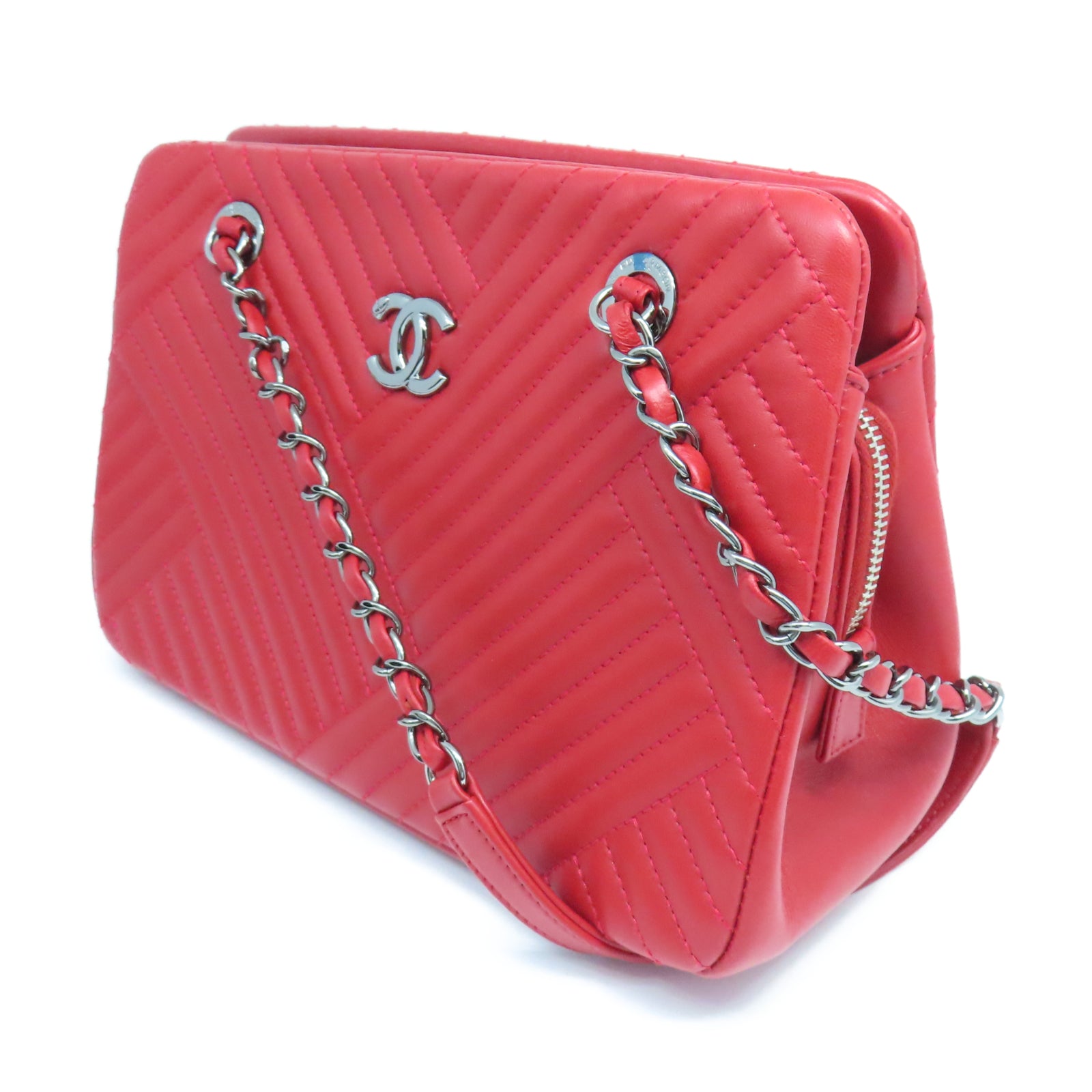 CHANEL 菱格牛皮皮革Chain Shoulder銀扣鏈帶肩背袋紅色