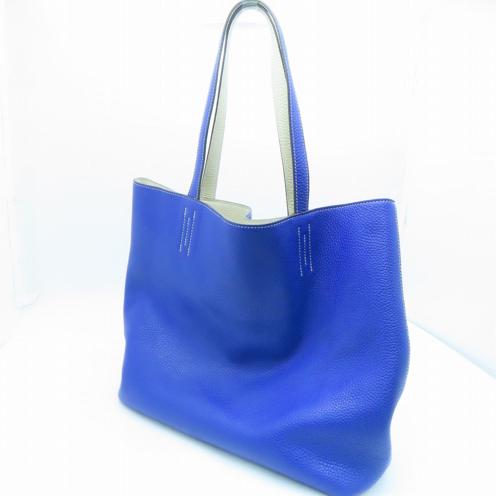 HERMES Clemence皮革Double Sens 45手挽袋Parchemin米色/Bleu Electrique蓝色