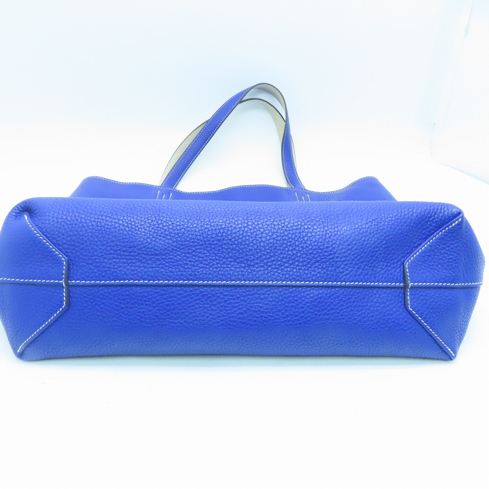 HERMES Clemence皮革Double Sens 45手挽袋Parchemin米色/Bleu Electrique蓝色