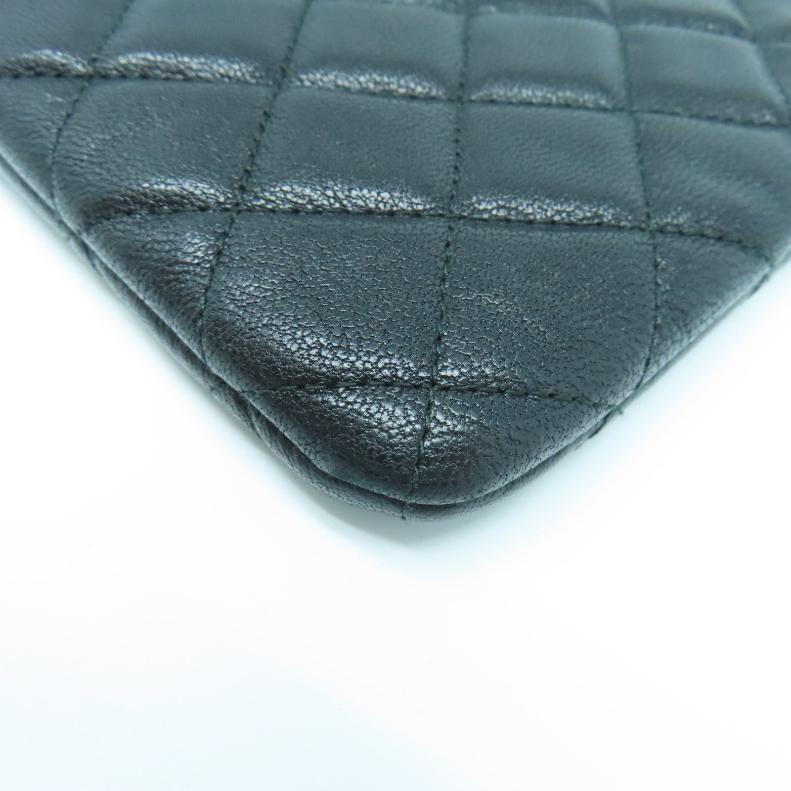 CHANEL Diamond Sheepskin Leather Pouch Gold Buckle Clutch Black