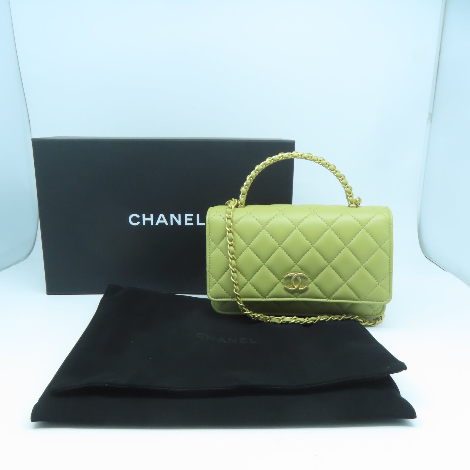 CHANEL 菱格羊皮皮革Chain Shoulder金扣鏈帶手挽肩背兩用袋綠色