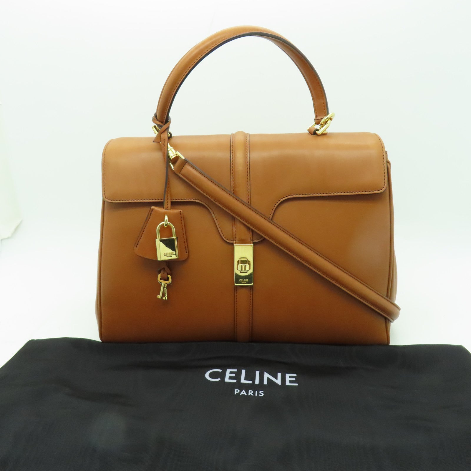 CELINE 牛皮皮革Classique 16金扣手挽肩背兩用袋啡色