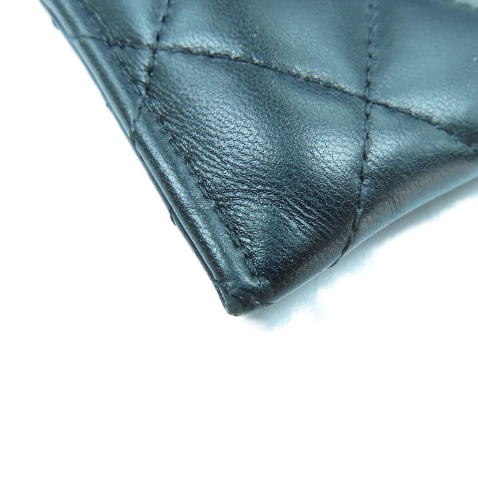 CHANEL Rhombus Sheepskin Leather Card Case Gold Buckle Card Holder Black