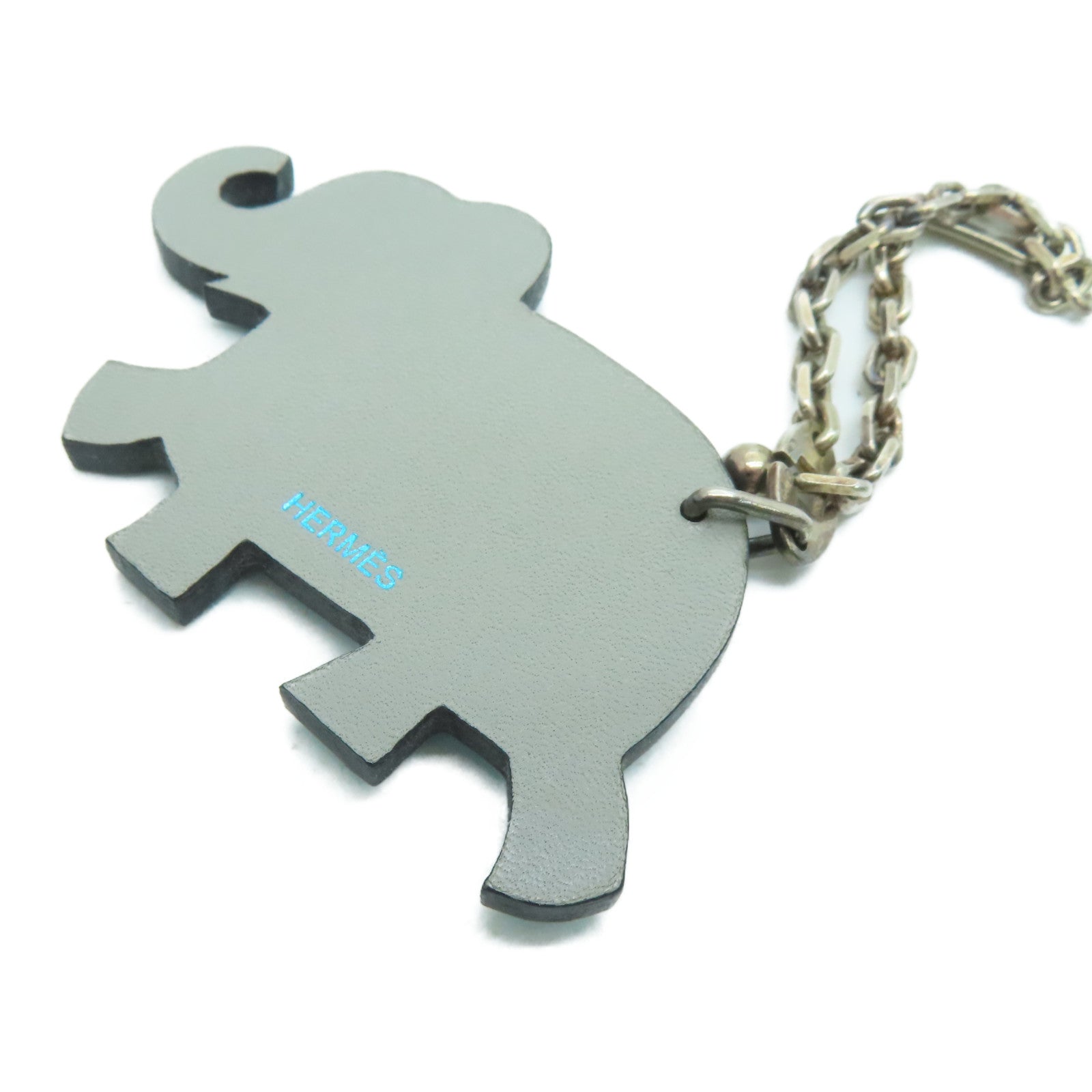 HERMES Leather Elephant Key Charm Silver Buckle Charm Blue/Gray