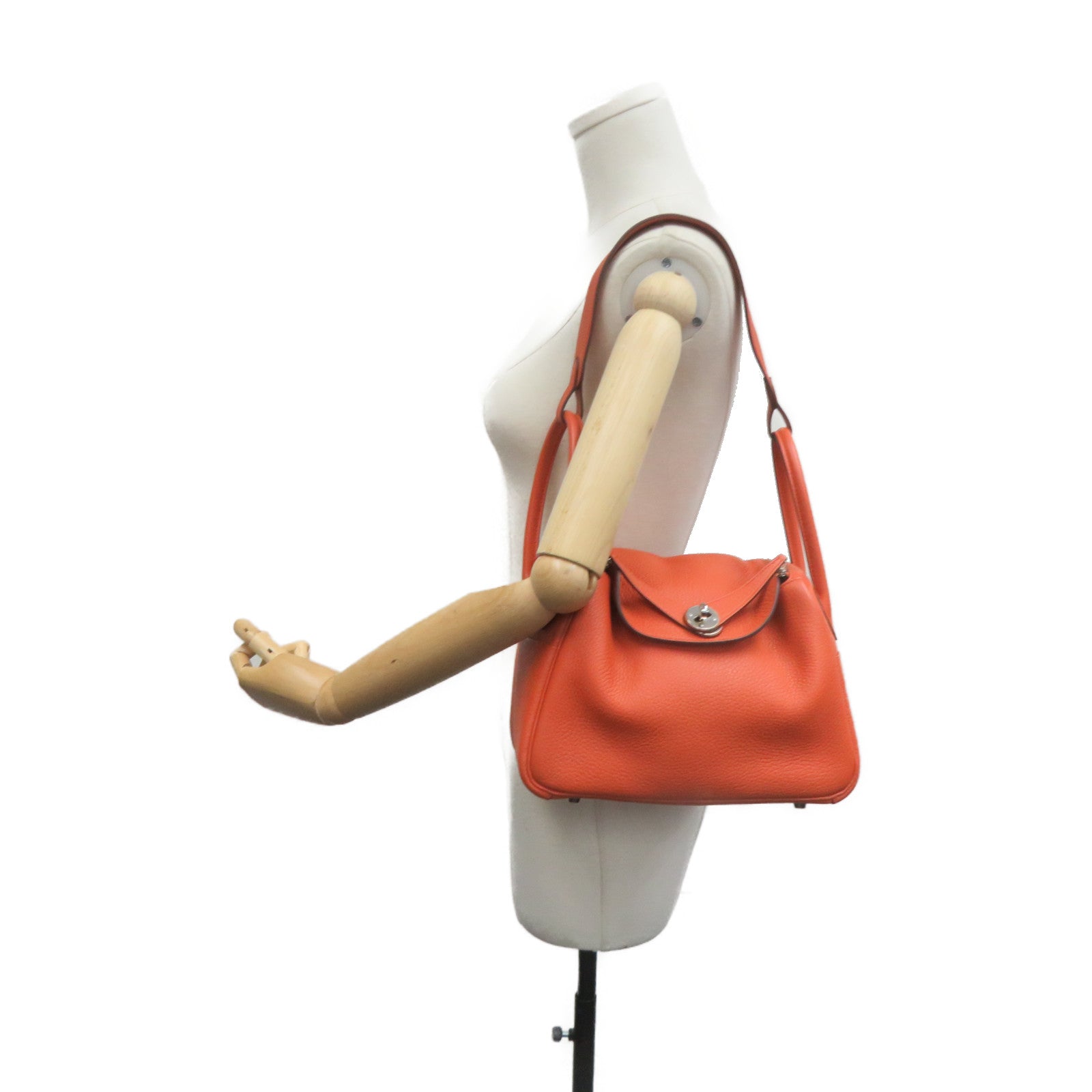 HERMES Clemence皮革Lindy 26 2Way Shoulder Bag银扣手挽肩背两用袋Orange橙色
