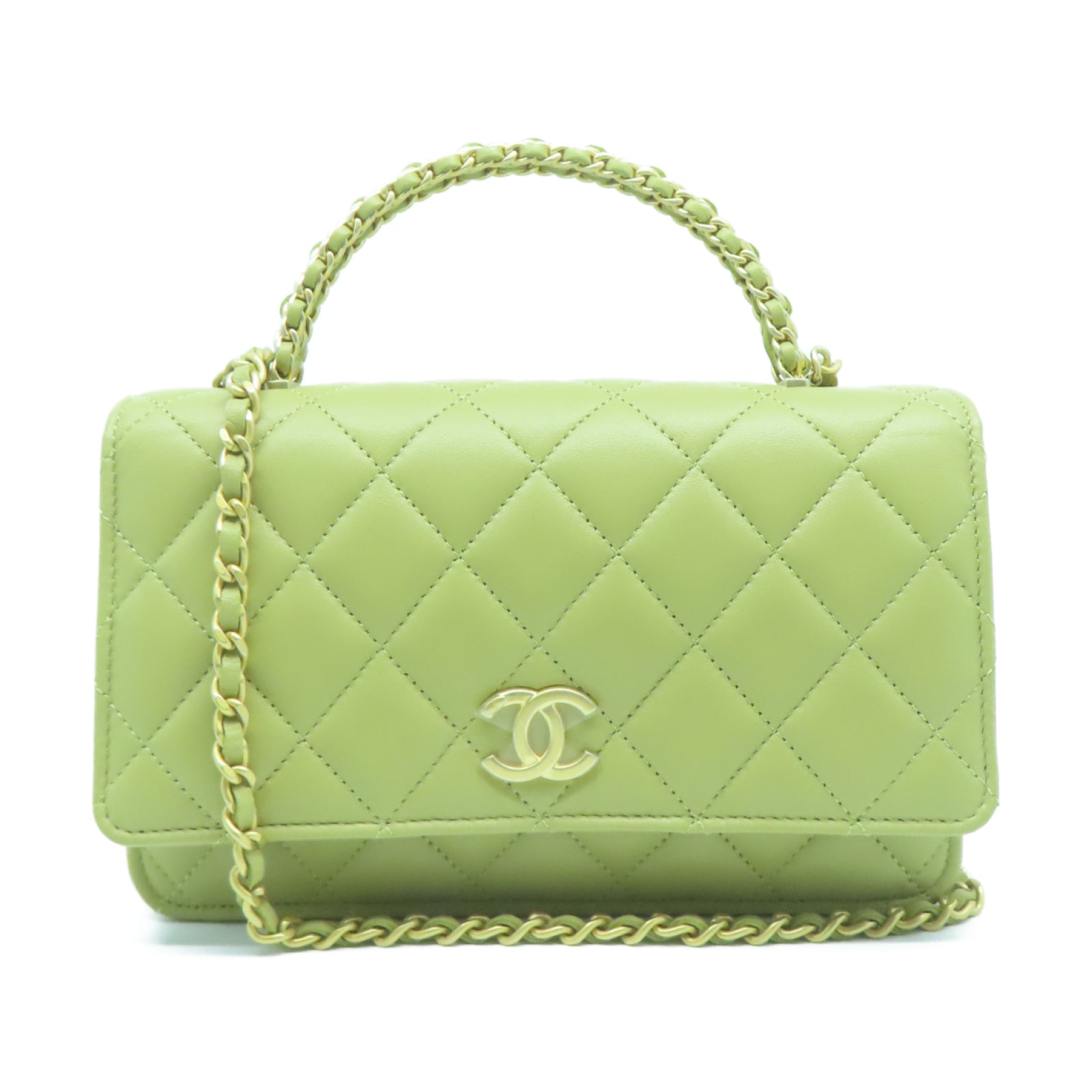 CHANEL 菱格羊皮皮革Chain Shoulder金扣鏈帶手挽肩背兩用袋綠色