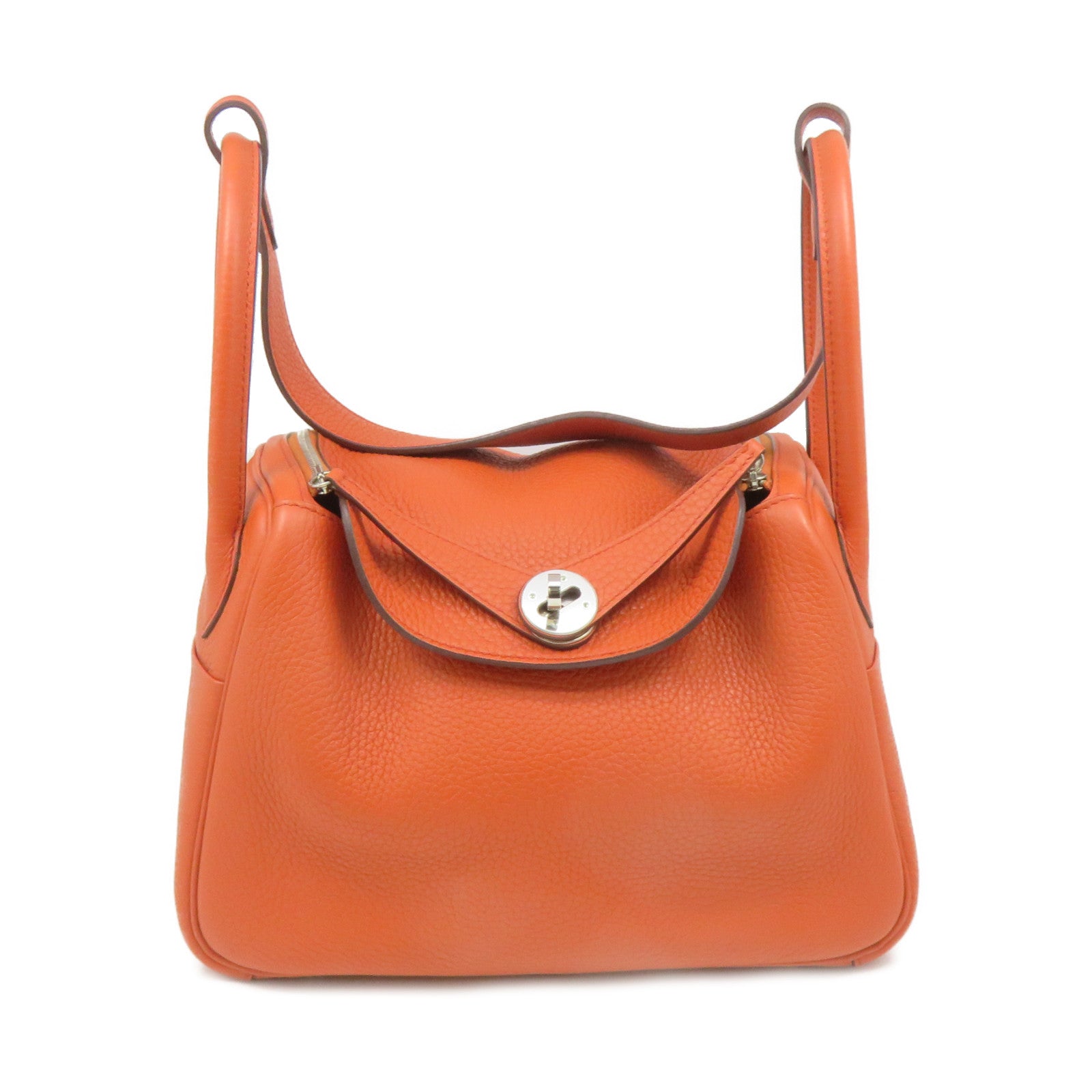 HERMES Clemence皮革Lindy 26 2Way Shoulder Bag银扣手挽肩背两用袋Orange橙色
