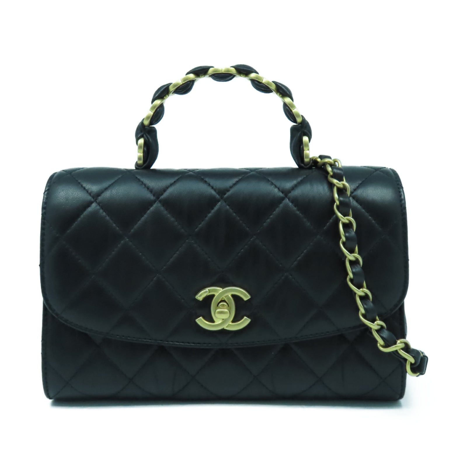 CHANEL 菱格羊皮皮革2 Way Shoulder金扣鏈帶肩背袋黑色