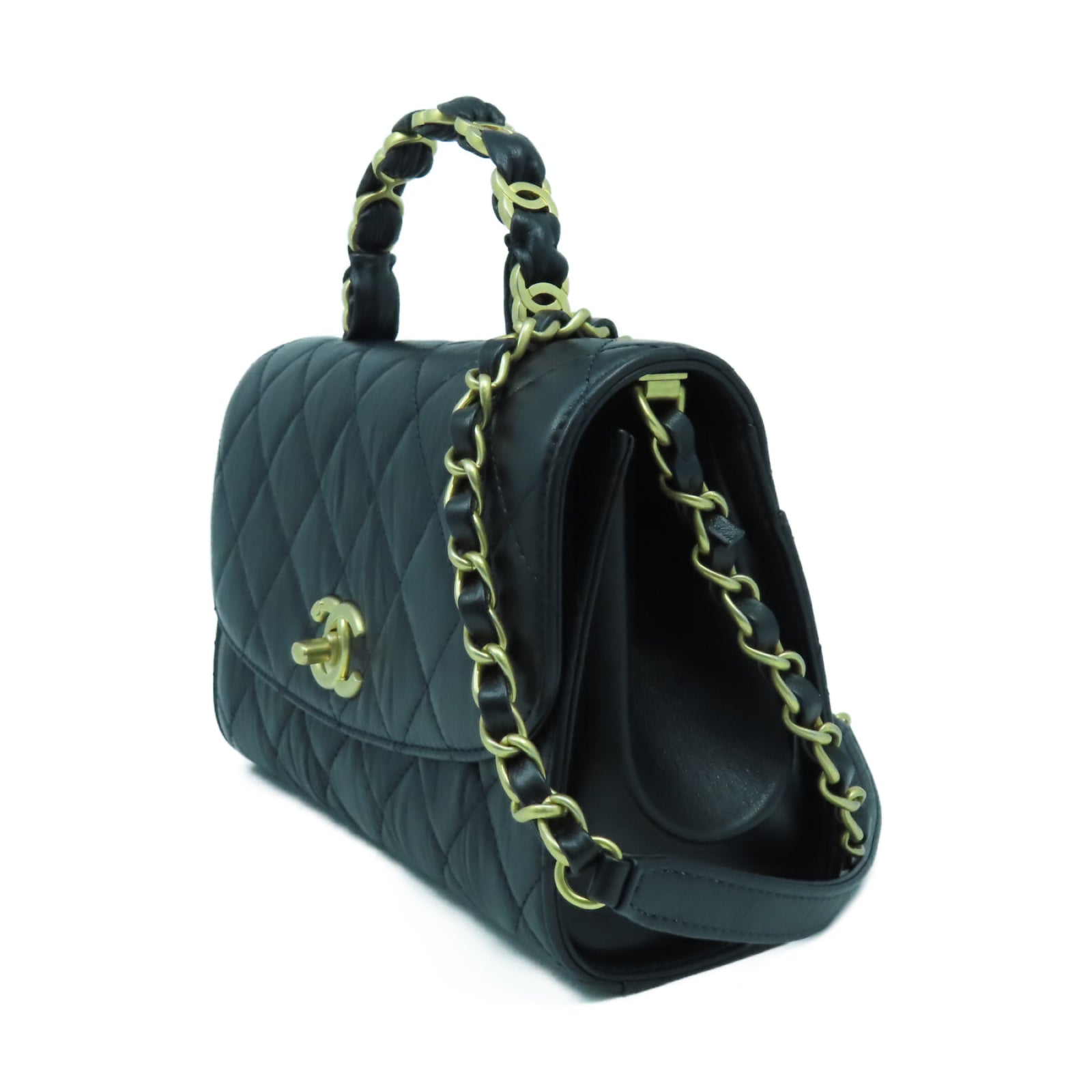 CHANEL 菱格羊皮皮革2 Way Shoulder金扣鏈帶肩背袋黑色