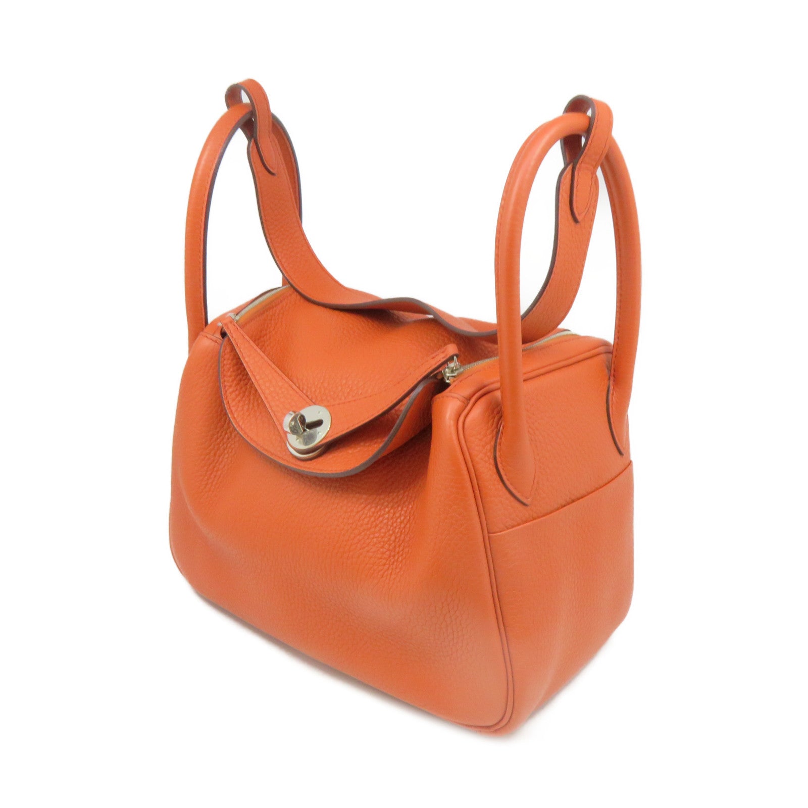 HERMES Clemence皮革Lindy 26 2Way Shoulder Bag银扣手挽肩背两用袋Orange橙色