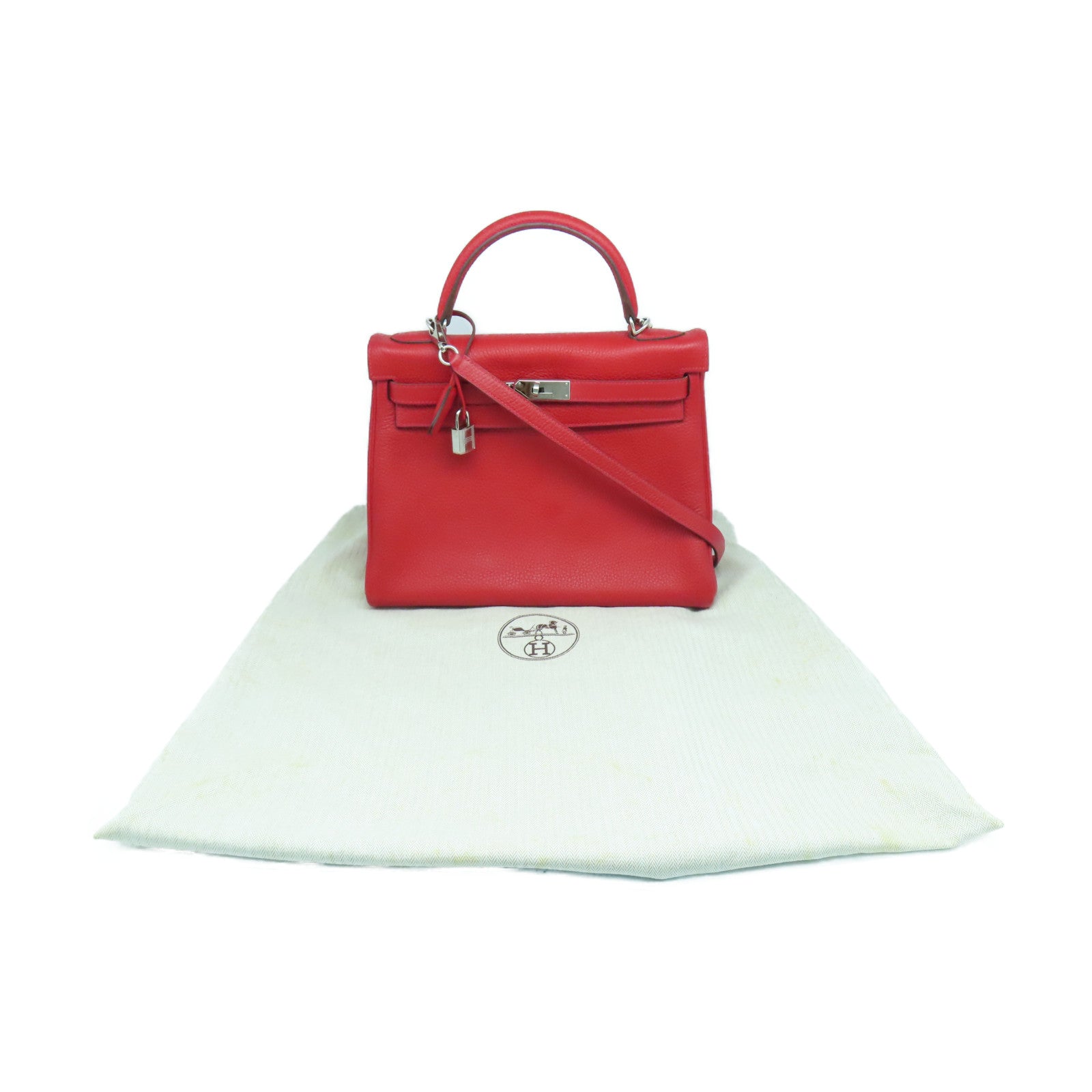 HERMES Taurillon Clemence皮革Kelly 32银扣手挽肩背两用袋法拉利红色