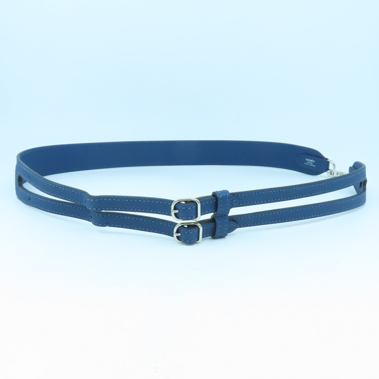HERMES Epsom皮革Shoulder Strap銀扣肩背帶藍色