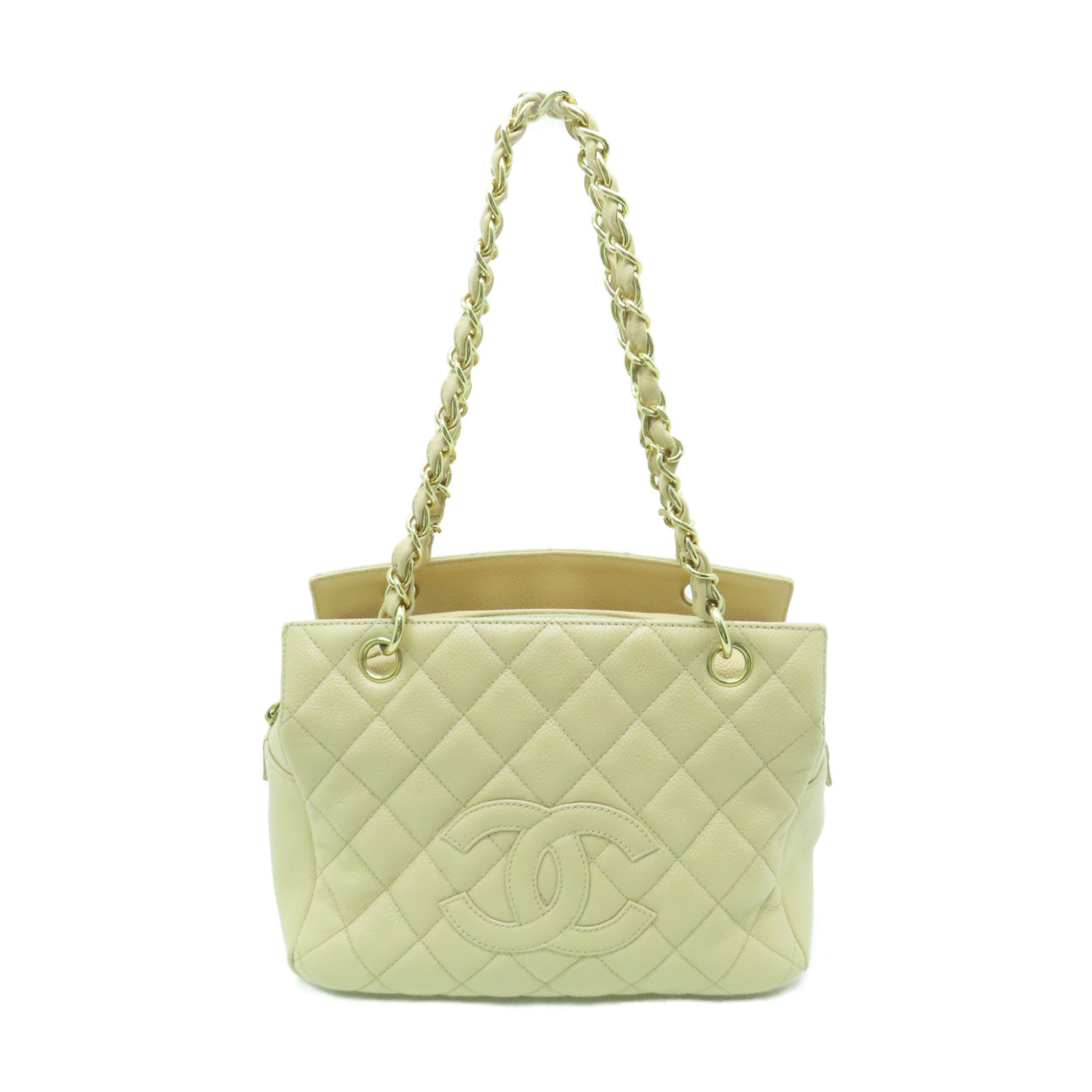 CHANEL 菱格Caviar皮革Chain Shoulder Bag金扣鏈帶肩背袋米色