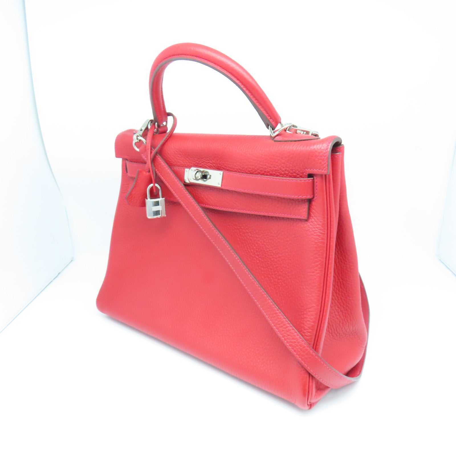 HERMES Taurillon Clemence皮革Kelly 32银扣手挽肩背两用袋法拉利红色