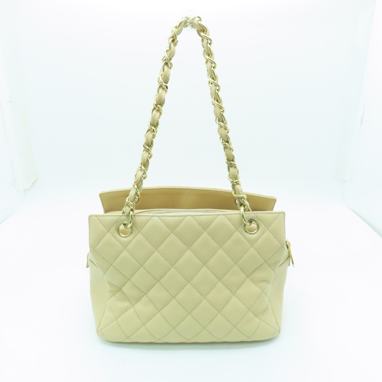 CHANEL 菱格Caviar皮革Chain Shoulder Bag金扣鏈帶肩背袋米色