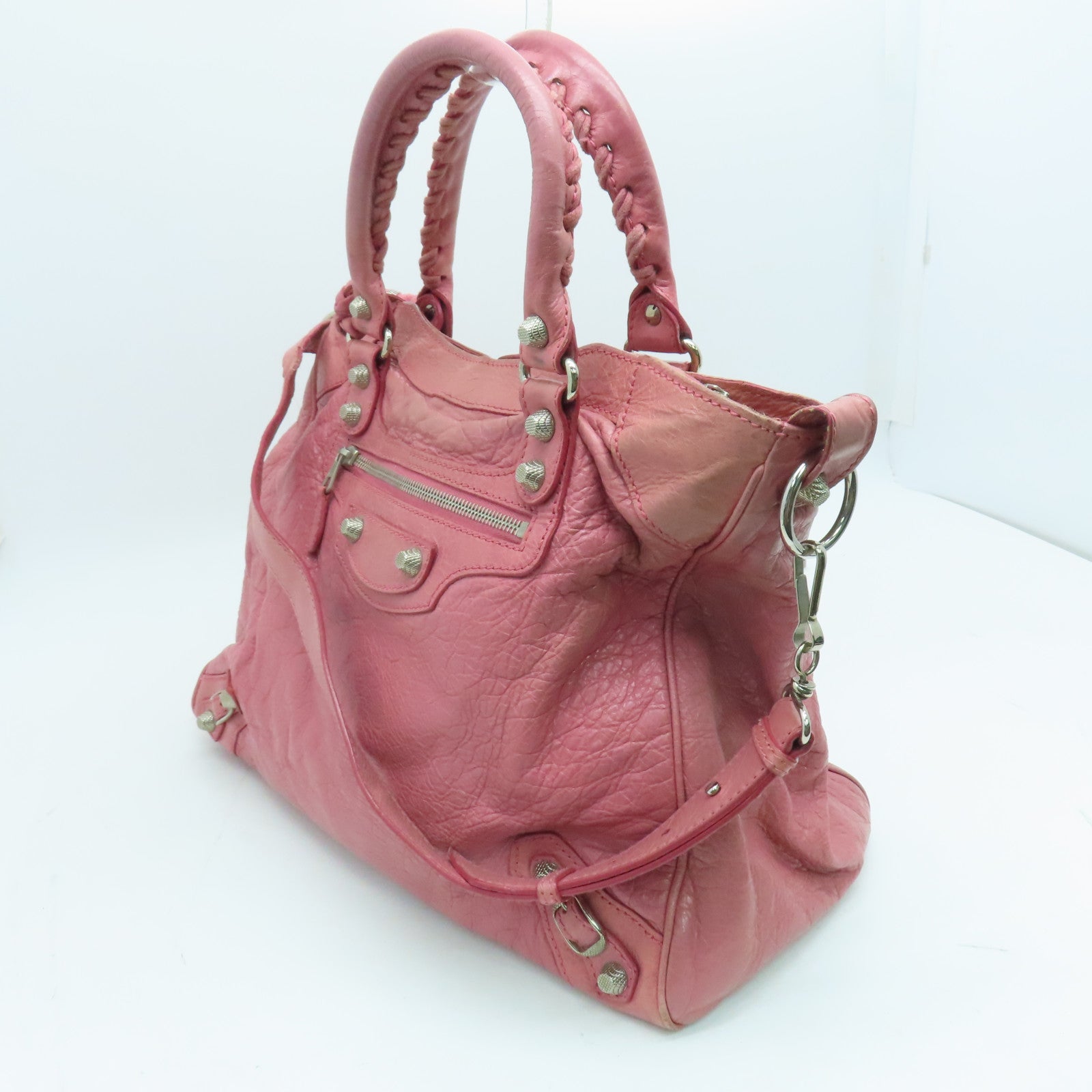 BALENCIAGA 羊皮皮革Gaint Velo 2 Way Shoulder銀扣手挽肩背兩用袋粉紅色